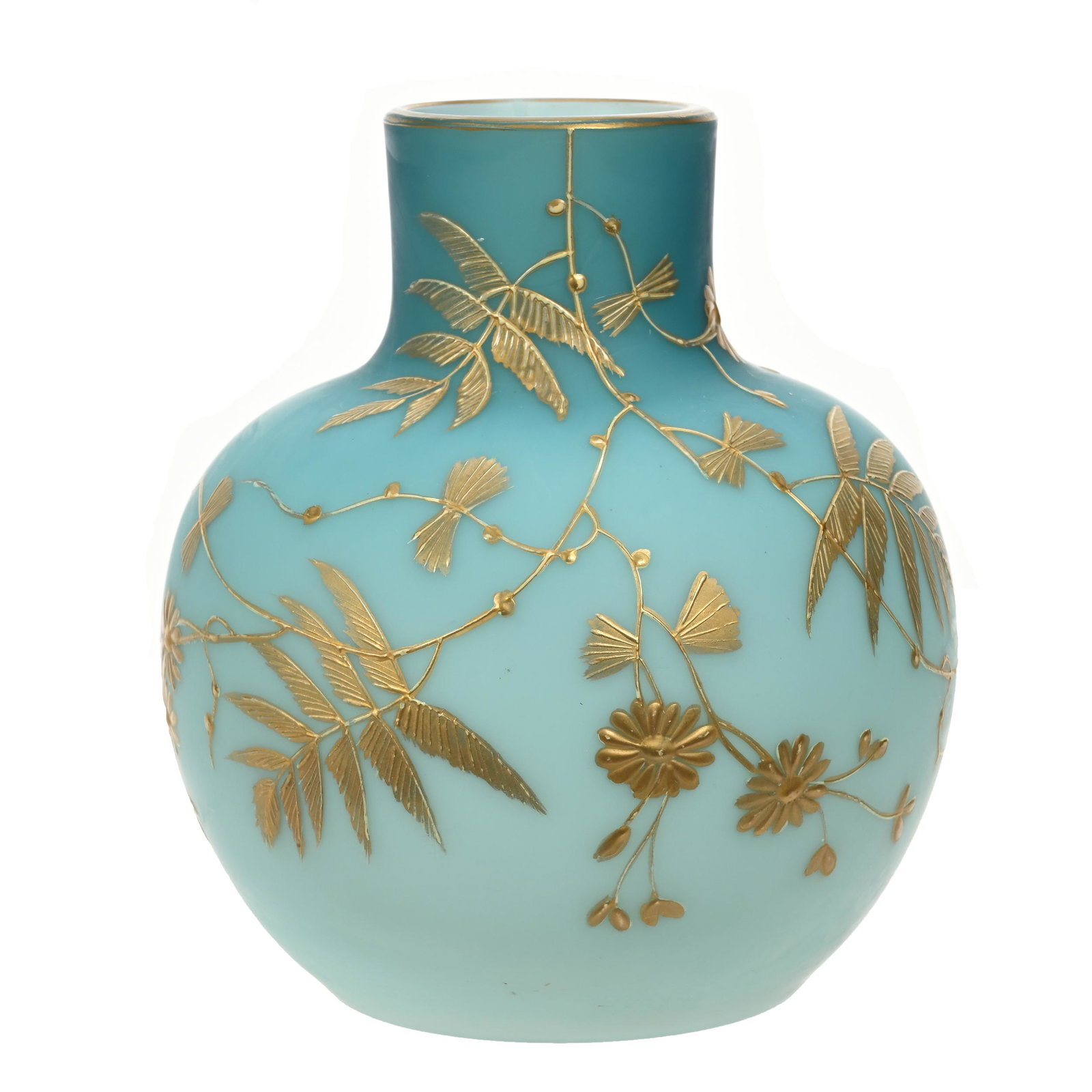 Vase, Blue Satin Art Glass Attributed To Webb: Vase, Blue Satin Art Glass Attributed To Webb, 5.5" x 5", Gold Enamel Branch And Blossom Decor, Some Wear To Gold Enamel, Open Bubble At Rim, Estate Of Dr. Barry and Dee Free.