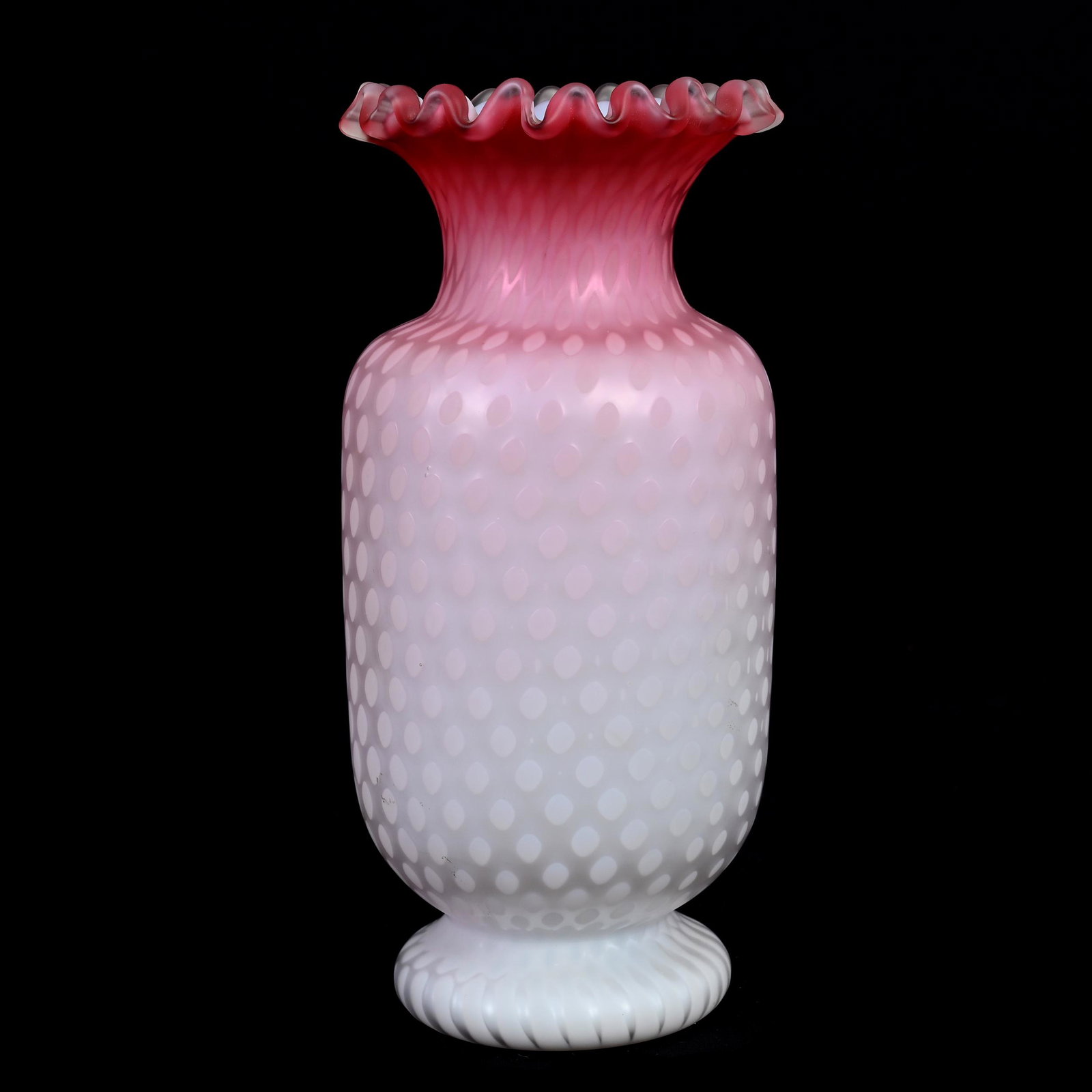 Vase, Pink Satin MOP Dotted Swiss Pattern: Vase, Pink Satin MOP Dotted Swiss Pattern, 8" x 3.75", Ruffled Rim, Small Bruise On Side, Estate Of Dr. Barry and Dee Free.