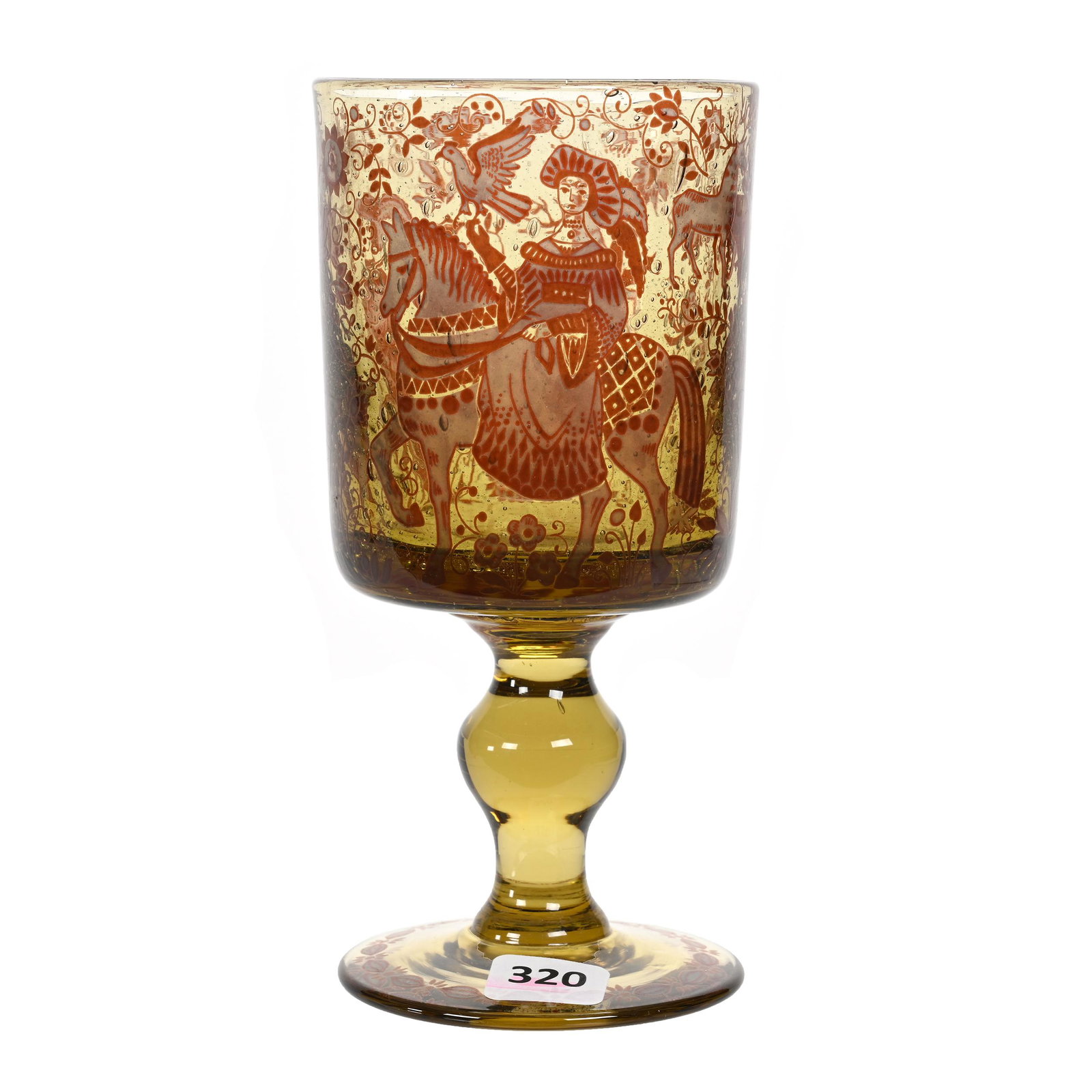 Goblet, Solid Amber, Decorated: Goblet, Solid Amber, Decorated, 6.75" x 3.25", Early Scene Of Horses, Stag And Floral Design, Polished Pontil Base, Estate Of Dr. Barry and Dee Free.