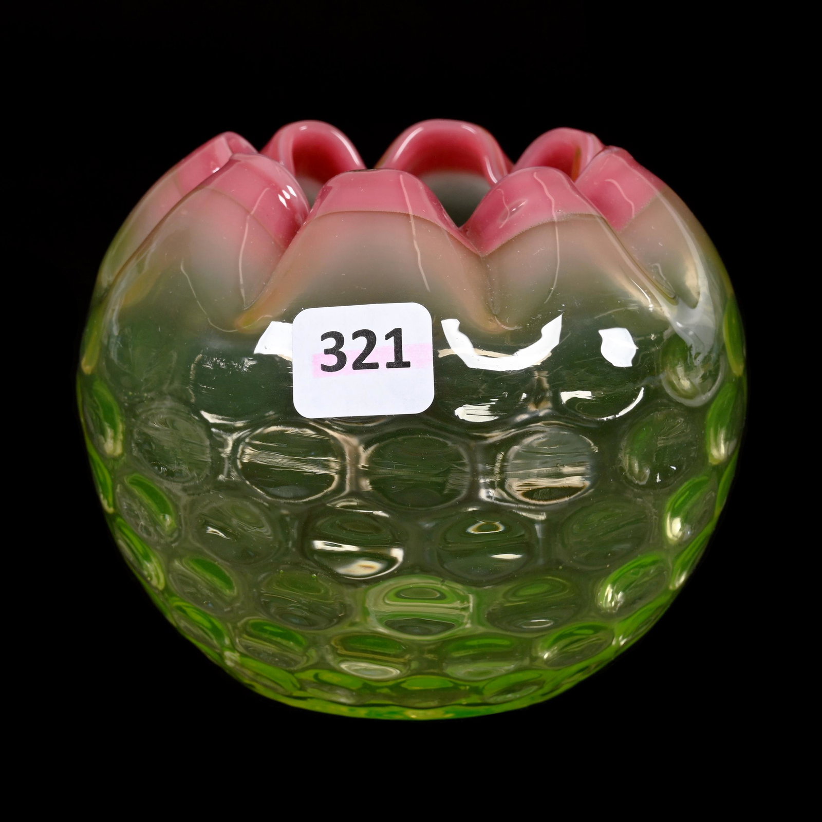 Rose Bowl, Cranberry Opalescent & Vaseline Coinspot: Rose Bowl, Cranberry Opalescent & Vaseline Coinspot, 3.75" x 4.5", Estate Of Dr. Barry and Dee Free.