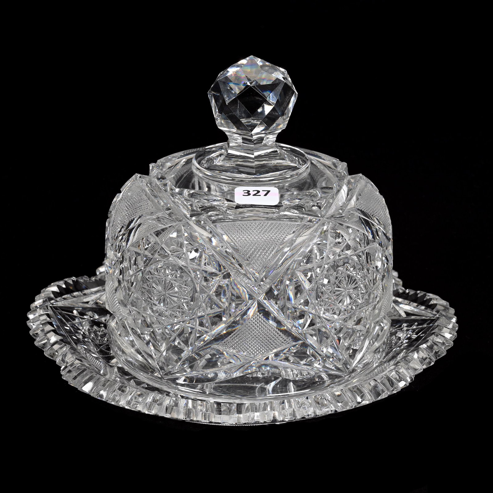 Covered Cheese Dish, American Brilliant Cut Glass: Covered Cheese Dish, American Brilliant Cut Glass, 6.75" x 9.25", Hobstar, Strawberry Diamond And Miter Motif, Clear Blank, Two Tooth Chips, Estate Of Dr. Barry and Dee Free.