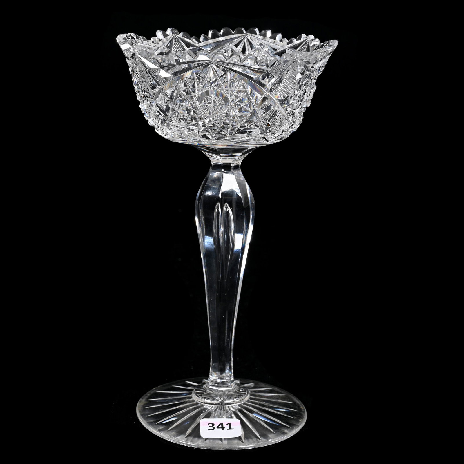 Jelly Compote, American Brilliant Cut Glass: Jelly Compote, American Brilliant Cut Glass, 8.5" x 4.5", Hobstar And Strawberry Diamond Motif, Teardrop Stem, Ray Cut Foot, Estate Of Dr. Barry and Dee Free.