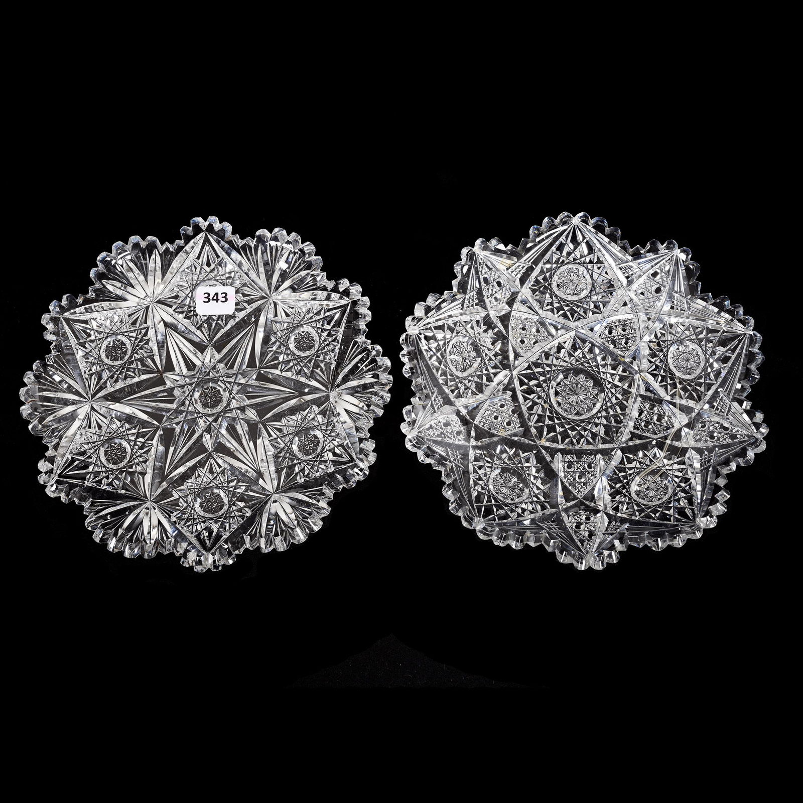 (2) Plates, American Brilliant Cut Glass: (2) Plates, American Brilliant Cut Glass, 8", (1) Hobstar And Fan Motif, (1) Hobstar, Cane And Miter Motif, Estate Of Dr. Barry and Dee Free.