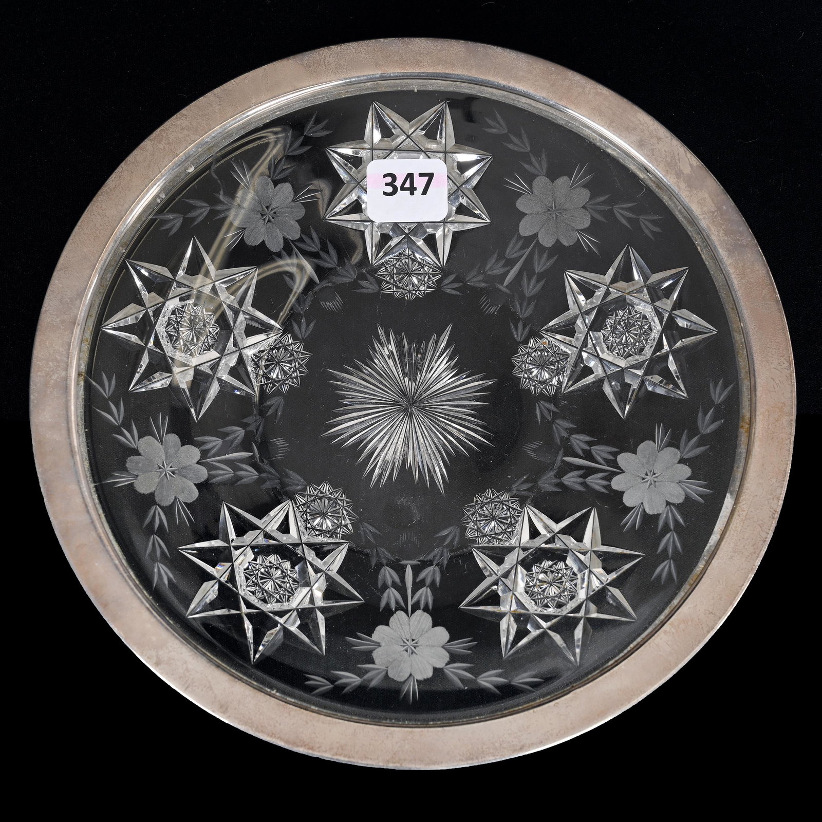 Plate, American Brilliant Cut Glass, Signed Hawkes: Plate, American Brilliant Cut Glass, Signed Hawkes, 8", Hobstar And Engraved Floral Motif, Ray Cut Center, Sterling Silver Rim Marked Baldwin Jewelry Company, Estate Of Dr. Barry and Dee Free.