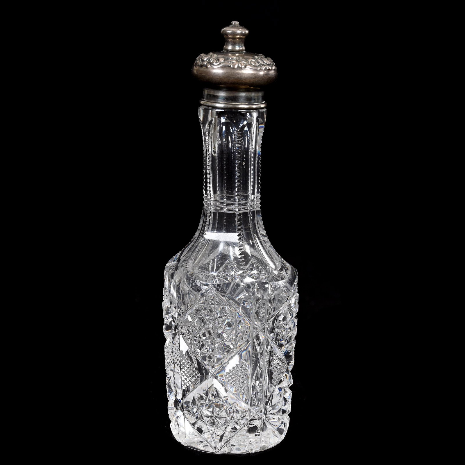 Sauce Bottle, American Brilliant Cut Glass: Sauce Bottle, American Brilliant Cut Glass, 5.5" x 1.75", Hobstar, Strawberry Diamond, Nailhead Diamond And Prism Motif, Attributed To Meriden, Sterling Silver Top Marked Wilcox, Estate Of Dr. Barry a