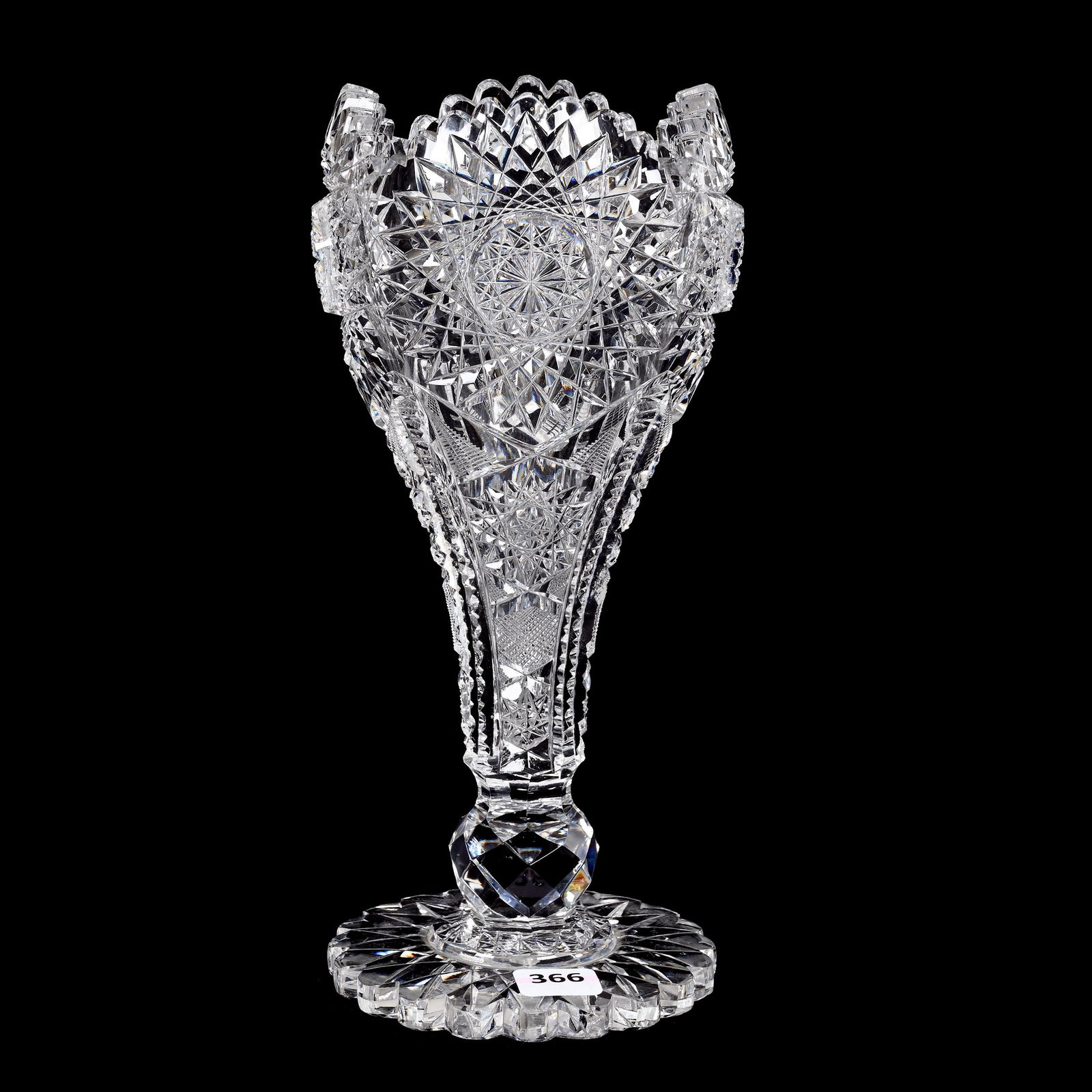 Vase, Tulip Shape, American Brilliant Cut Glass: Vase, Tulip Shape, American Brilliant Cut Glass, 9.75" x 4.5", Pattern Resembles Norman By Kelly And Steinman, Facet Cut Ball Stem, Hobstar Foot, Nice Blank, Tooth Chip, Estate Of Dr. Barry and Dee Fr