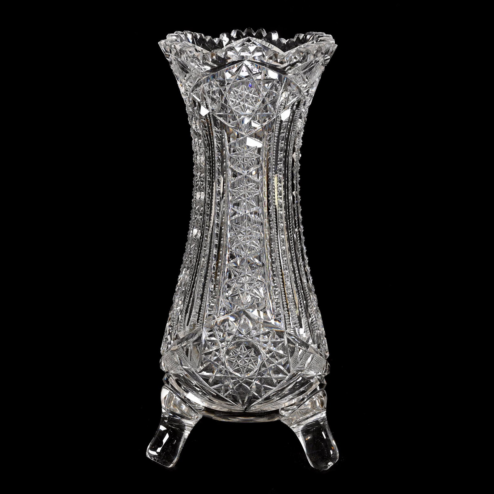 Vase, Three Feet, American Brilliant Cut Glass: Vase, Three Feet, American Brilliant Cut Glass, 10" x 4.5", Waldorf Pattern By Empire, Polished Pontil Base, Clear Applied Feet, Nice Form, Estate Of Dr. Barry and Dee Free.