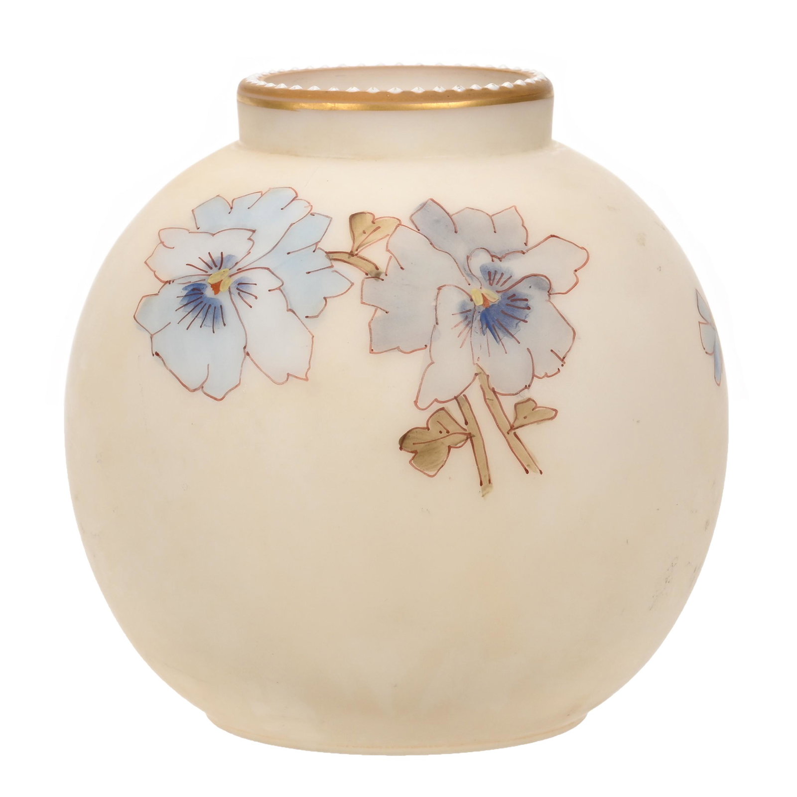 Vase Marked Smith Brothers Art Glass: Vase Marked Smith Brothers Art Glass, 4" x 4", Cream Tones, Pansy Decor, White Beaded Enamel Rim, Estate Of Dr. Barry and Dee Free.
