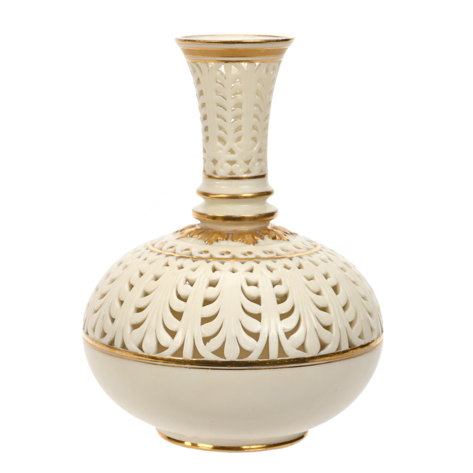 Vase Marked Royal China Works Worcester: Vase Marked Royal China Works Worcester, 6" x 4.5", Cream Tones, Reticulated Design, Gold Trim Highlights, Estate Of Dr. Barry and Dee Free.