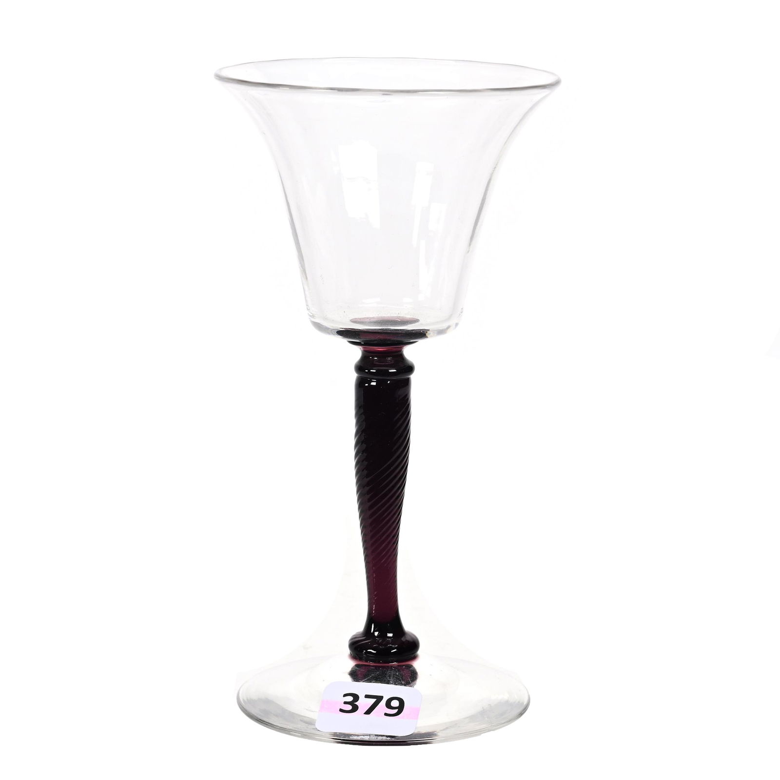 Wine Stem, Unmarked Steuben Art Glass: Wine Stem, Unmarked Steuben Art Glass, 5.5" x 3", Clear Bowl And Foot With Amethyst Swirl Stem, Estate Of Dr. Barry and Dee Free.