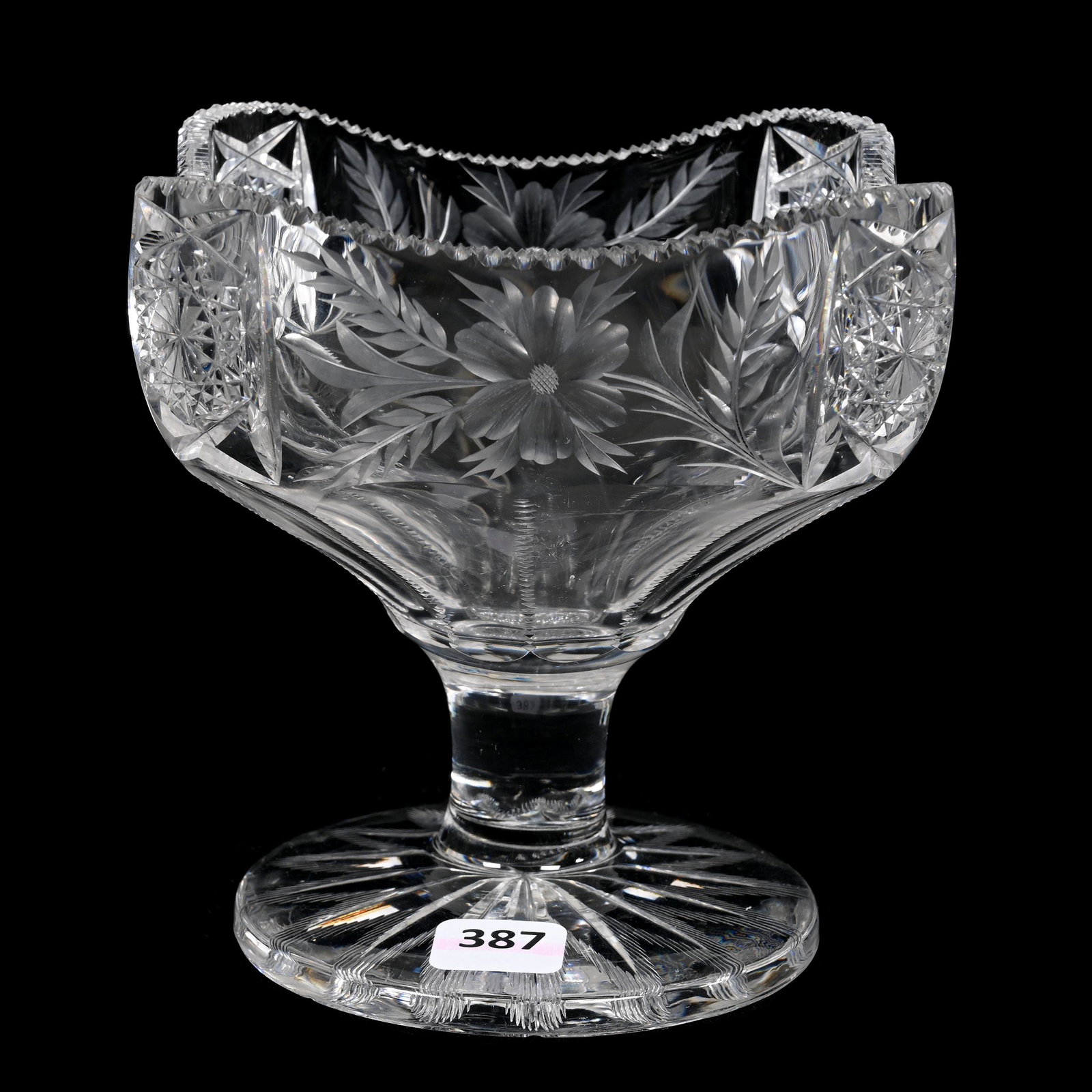 Pedestal Square Bowl, American Brilliant Cut Glass, Signed Tuthill: Pedestal Square Bowl, American Brilliant Cut Glass, Signed Tuthill, 5.5" x 5", Primrose Pattern, Flashed Ray Cut Foot, Small Base Nick, Interior Rim Roughness, Estate Of Dr. Barry and Dee Free.