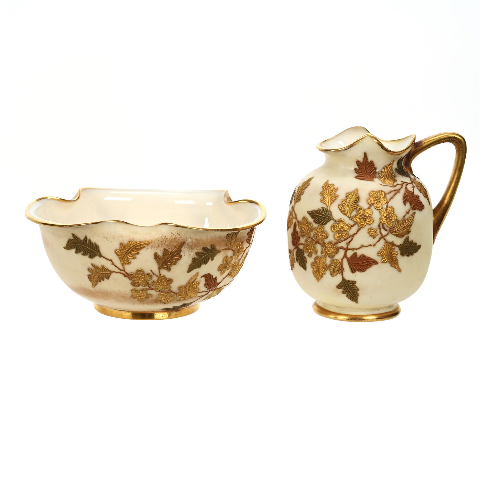 Creamer & Sugar Marked O & B Belleek: Creamer & Sugar Marked O & B Belleek, 3.25" x 4.25", Cream Tones, Multi-Tone Gold Enamel Blossom & Leaf Decor, Estate Of Dr. Barry and Dee Free.