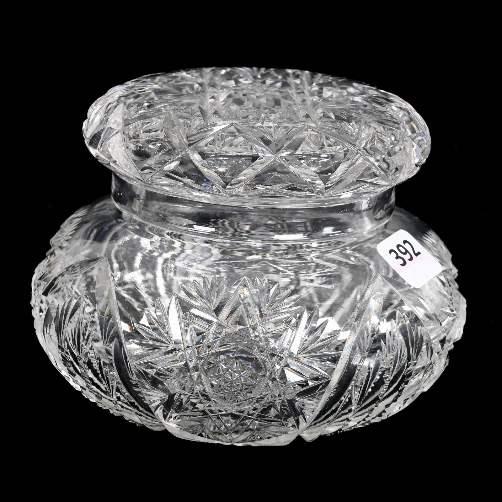 Covered Box, American Brilliant Cut Glass: Covered Box, American Brilliant Cut Glass, 4" x 5.25", Flashed Hobstar, Vesica, Prism And Strawberry Diamond Motif, Pattern Cut Lid, Estate Of Dr. Barry and Dee Free.