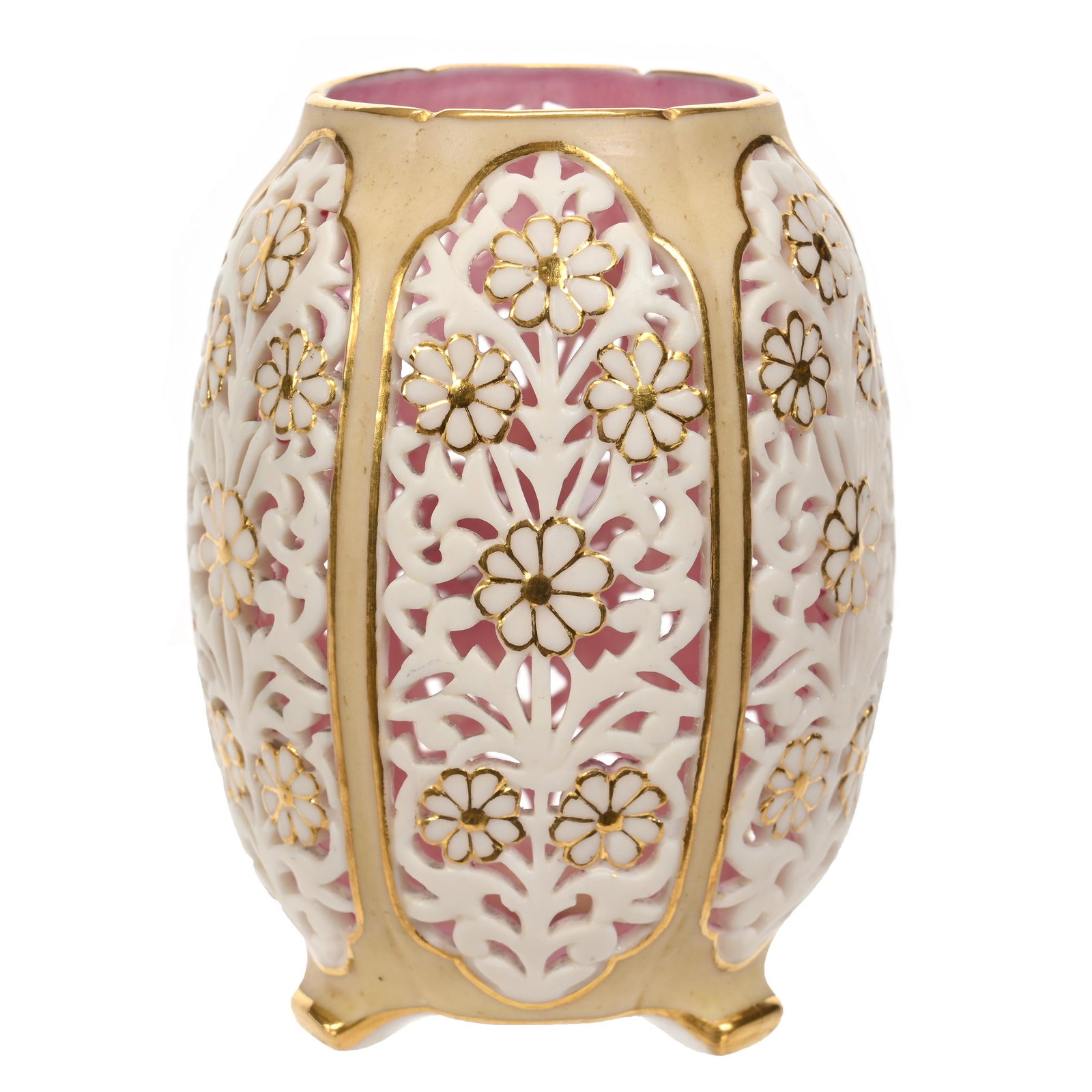Vase Marked Royal China Works Worcester: Vase Marked Royal China Works Worcester, 3.75" x 2.75", Six Reticulated Floral Panels, Green And Cream Tones, Gold Trim Highlights, Estate Of Dr. Barry and Dee Free.