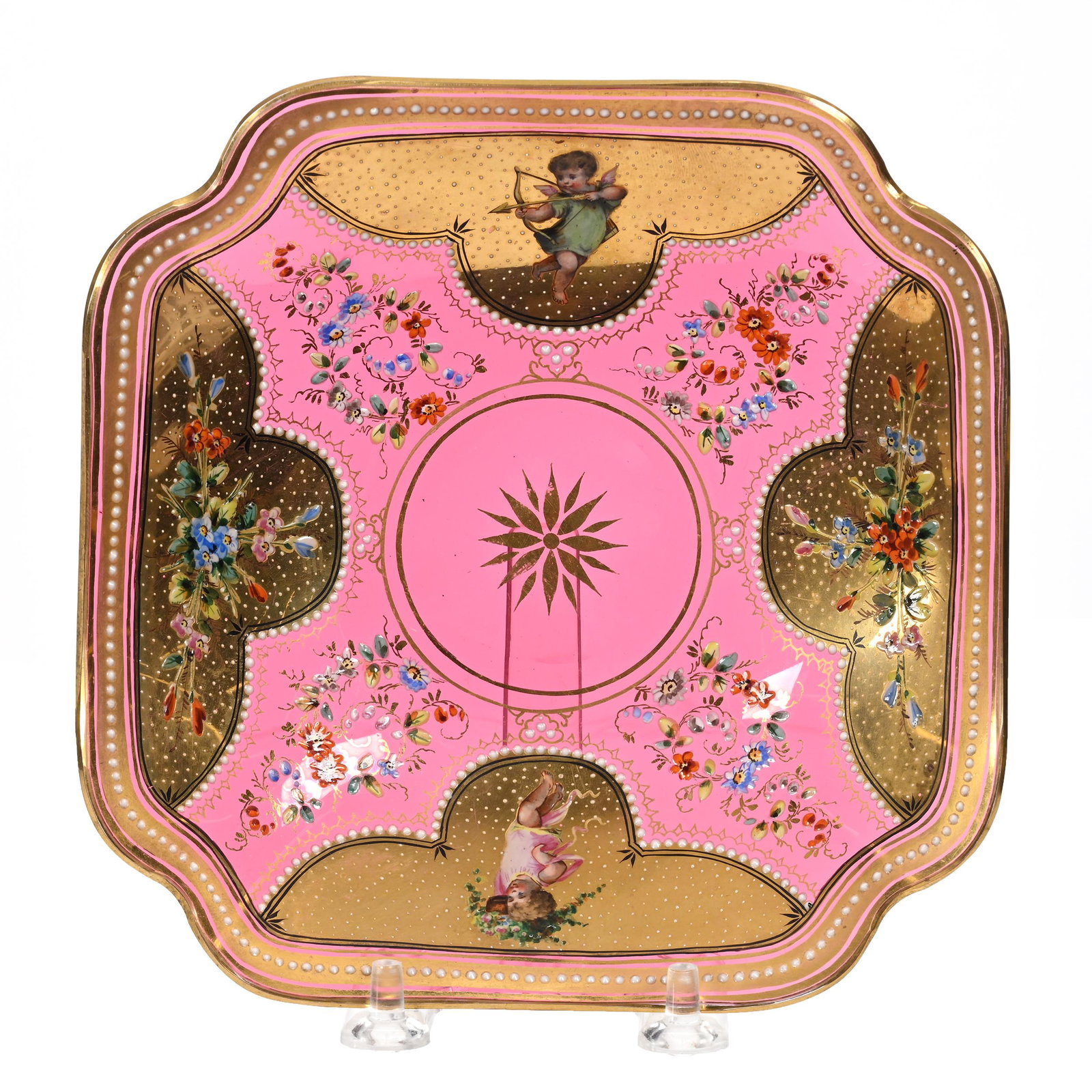 Square Plate, Cranberry Bohemian Art Glass: Square Plate, Cranberry Bohemian Art Glass, 6.25", Tinted Gold Panels And Colorful Floral And Cherub Highlights, Estate Of Dr. Barry and Dee Free.