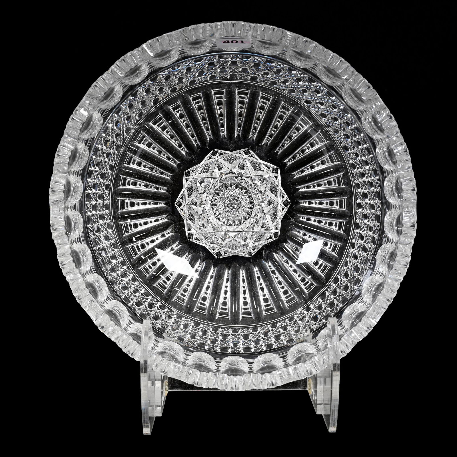 Bowl, American Brilliant Cut Glass: Bowl, American Brilliant Cut Glass, 4" x 9", Modified Hobstar Center With Cane Band, Punty And Prism Highlights, Estate Of Dr. Barry and Dee Free.