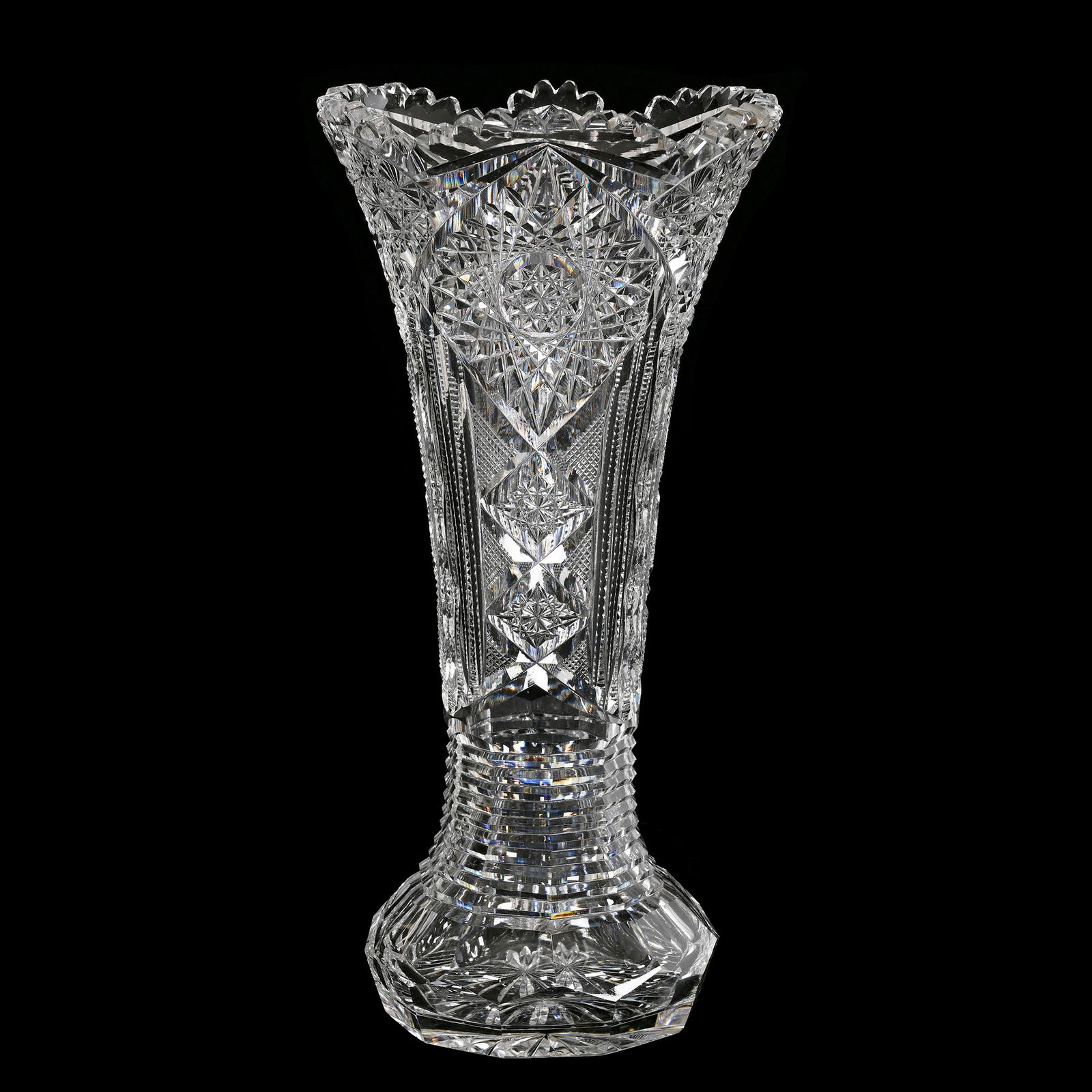 Vase, American Brilliant Cut Glass: Vase, American Brilliant Cut Glass, 14" x 7", Hobstar, Prism And Strawberry Diamond Motif, Step Cut Lower Section, Ray Cut Base, Tooth Ground, Estate Of Dr. Barry and Dee Free.