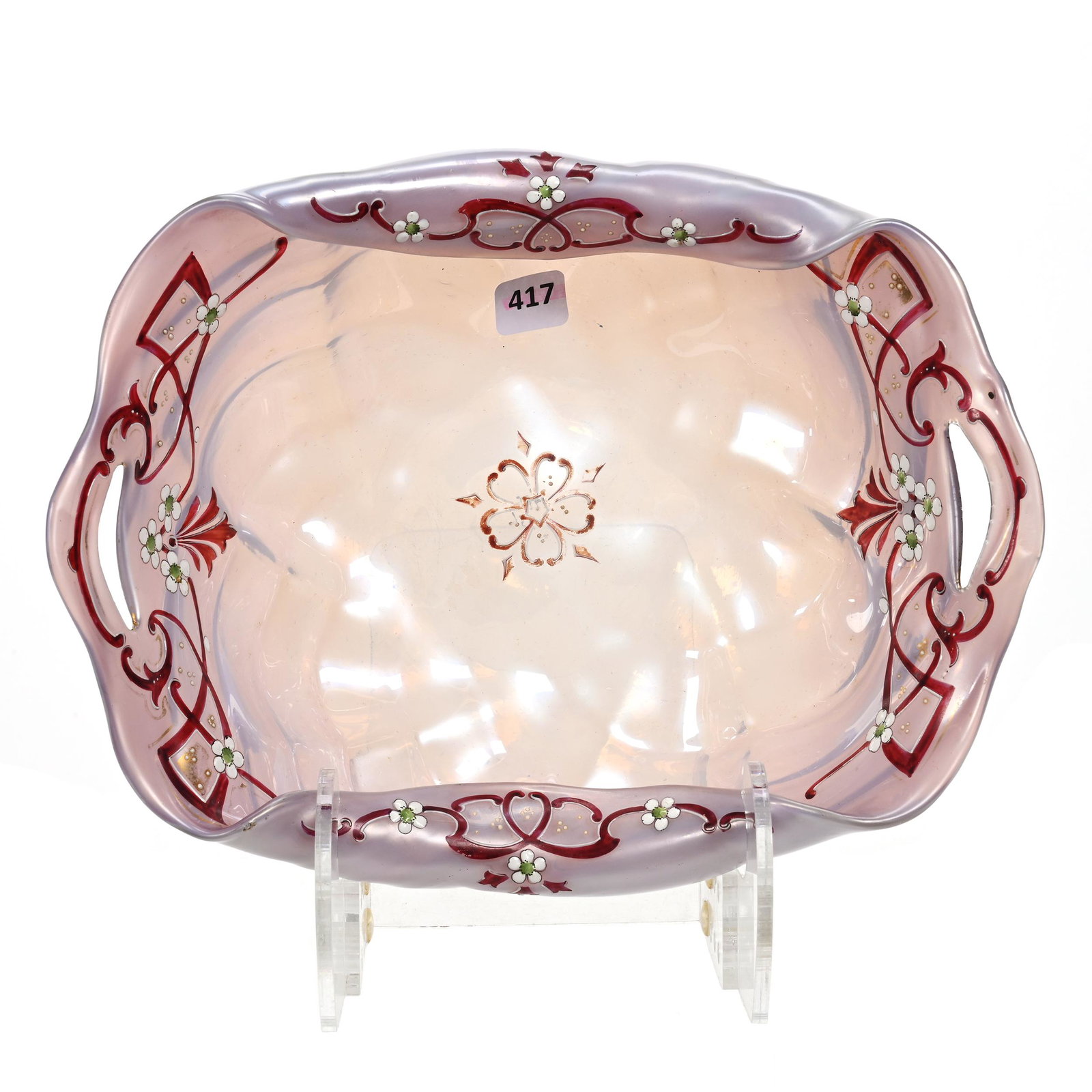 Brides Bowl, Unmarked Kralik Bohemian Art Glass: Brides Bowl, Unmarked Kralik Bohemian Art Glass, 4" x 10.75" x 8.25", Quilted And Folded Mold, Plum Opalescent With Enamel Lattice And Blossom Decor, Estate Of Dr. Barry and Dee Free.