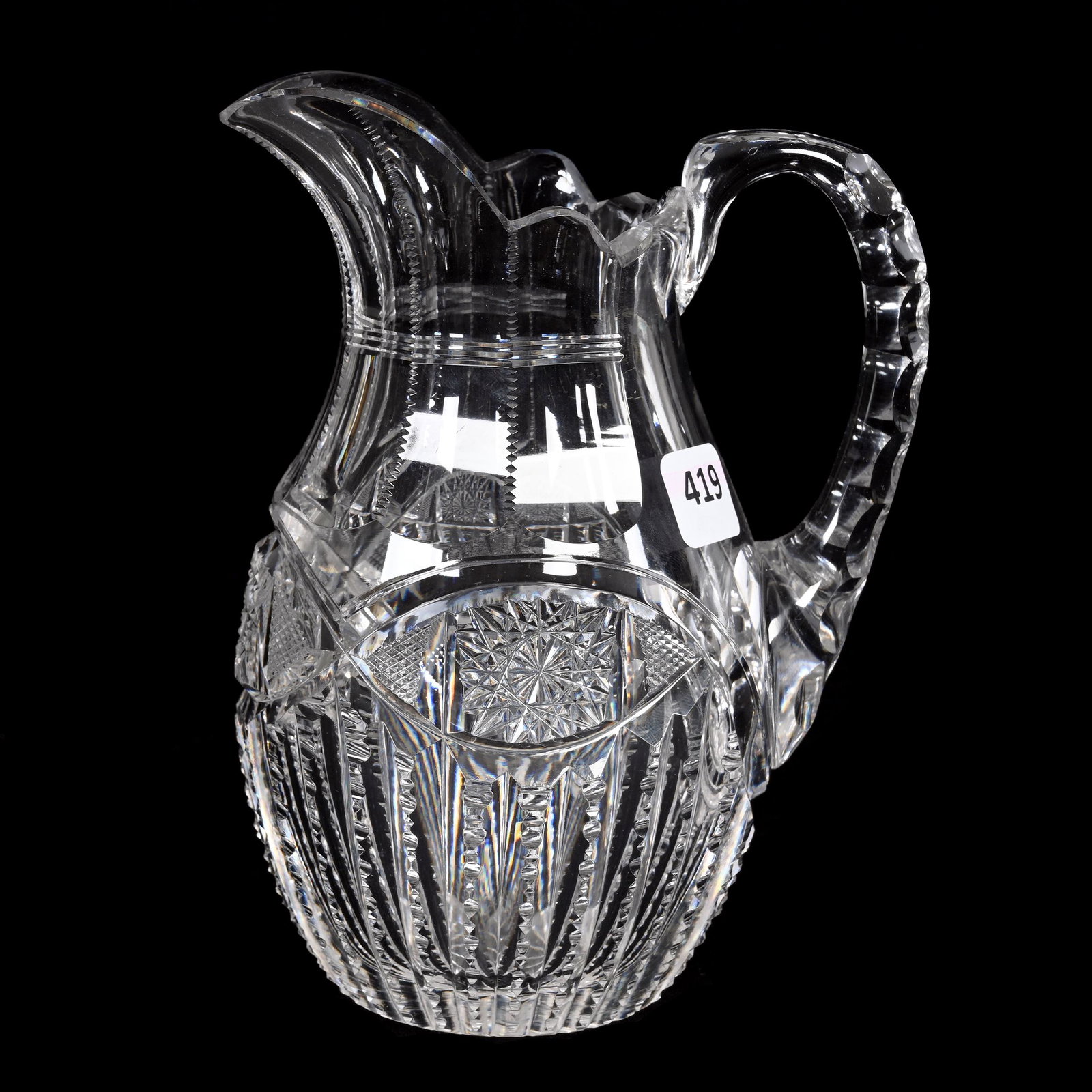 Pitcher, American Brilliant Cut Glass: Pitcher, American Brilliant Cut Glass, 7" x 5", Prism, Vesica, Hobstar And Strawberry Diamond Motif, Double Notched Handle, Ray Cut Base, Estate Of Dr. Barry and Dee Free.