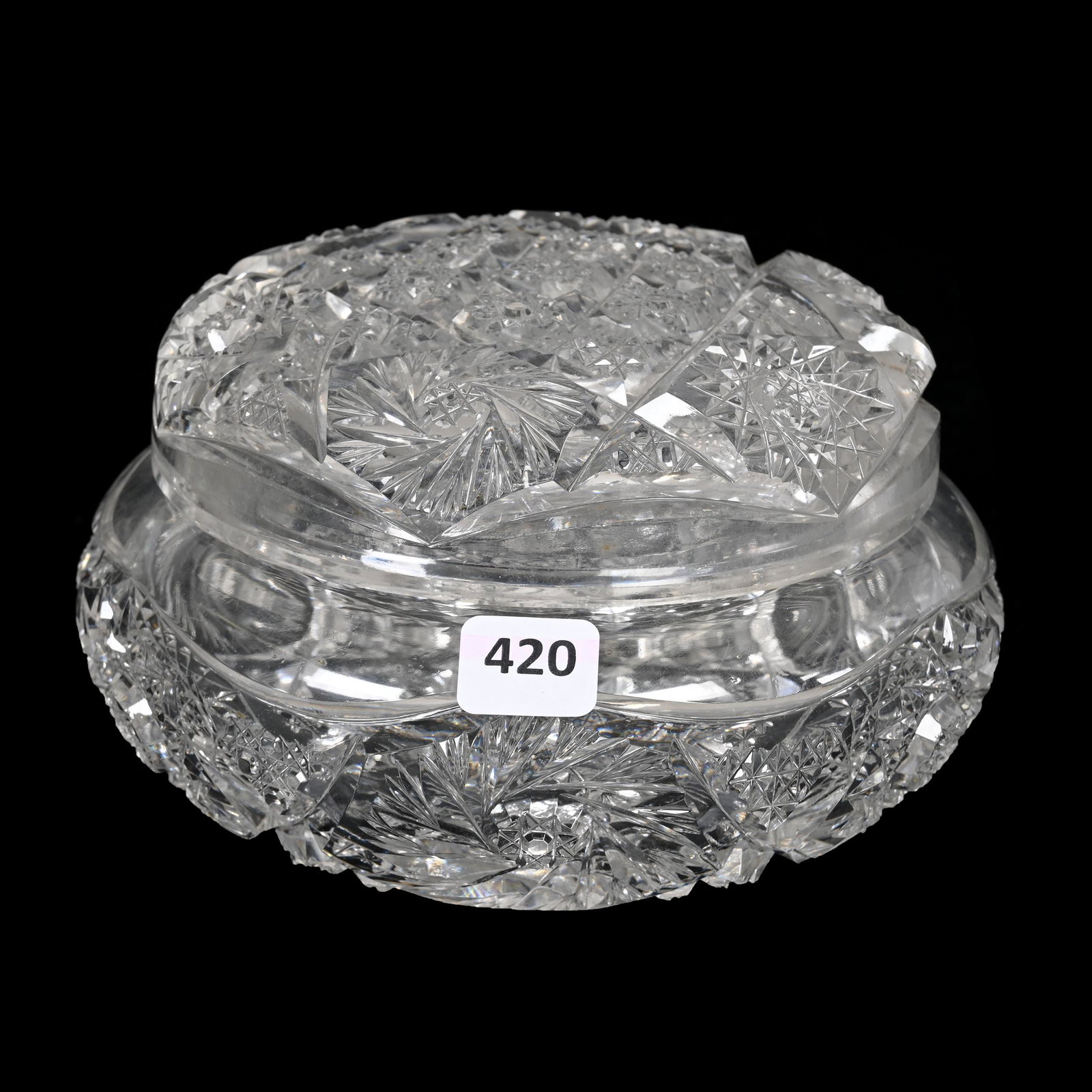 Large Powder Box, American Brilliant Cut Glass: Large Powder Box, American Brilliant Cut Glass, 3.5" x 6.5", Hobstar, Pinwheel, Hobstar Cluster And Star Diamond Motif, Estate Of Dr. Barry and Dee Free.