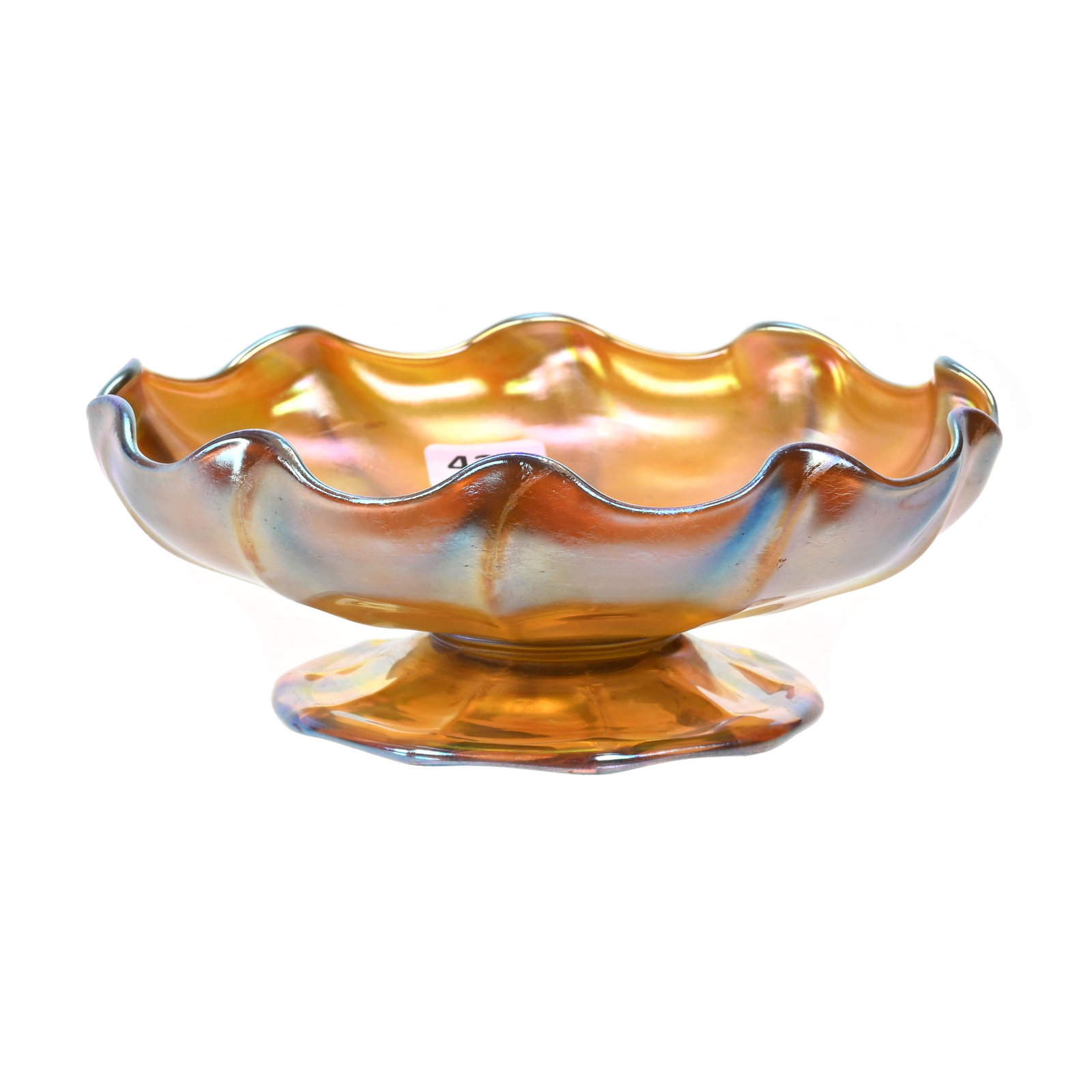 Pedestal Bowl Signed LCT-Favrile: Pedestal Bowl Signed LCT-Favrile, 2.25" x 6", Gold Iridescence, Ribbed, Scalloped Edge, Estate Of Dr. Barry and Dee Free.