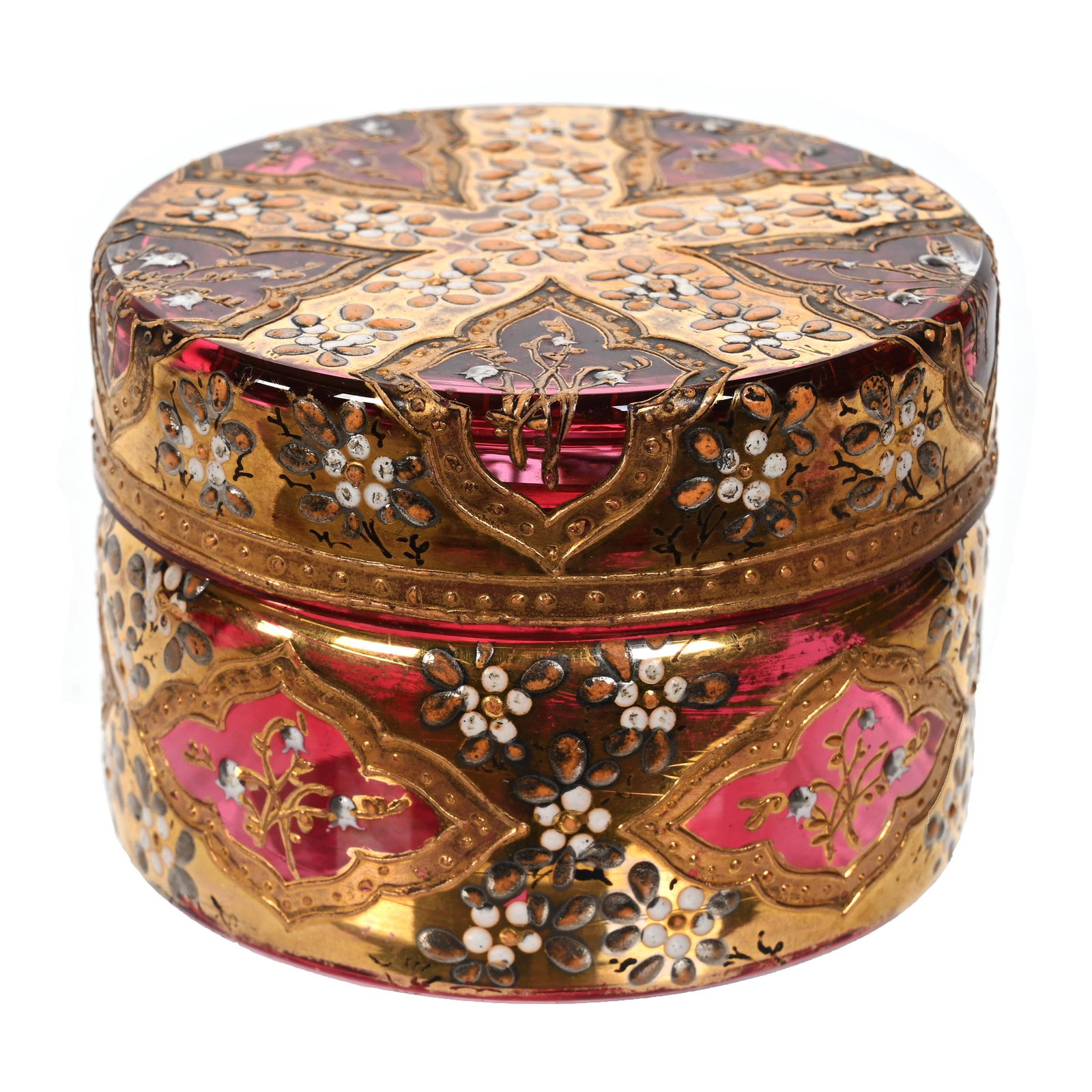 Round Covered Box, Cranberry Bohemian Art Glass: Round Covered Box, Cranberry Bohemian Art Glass, 2" x 2.75", Extensive Gold And Enamel Floral Decor, Lid Has Interior Rim Roughness, Estate Of Dr. Barry and Dee Free.