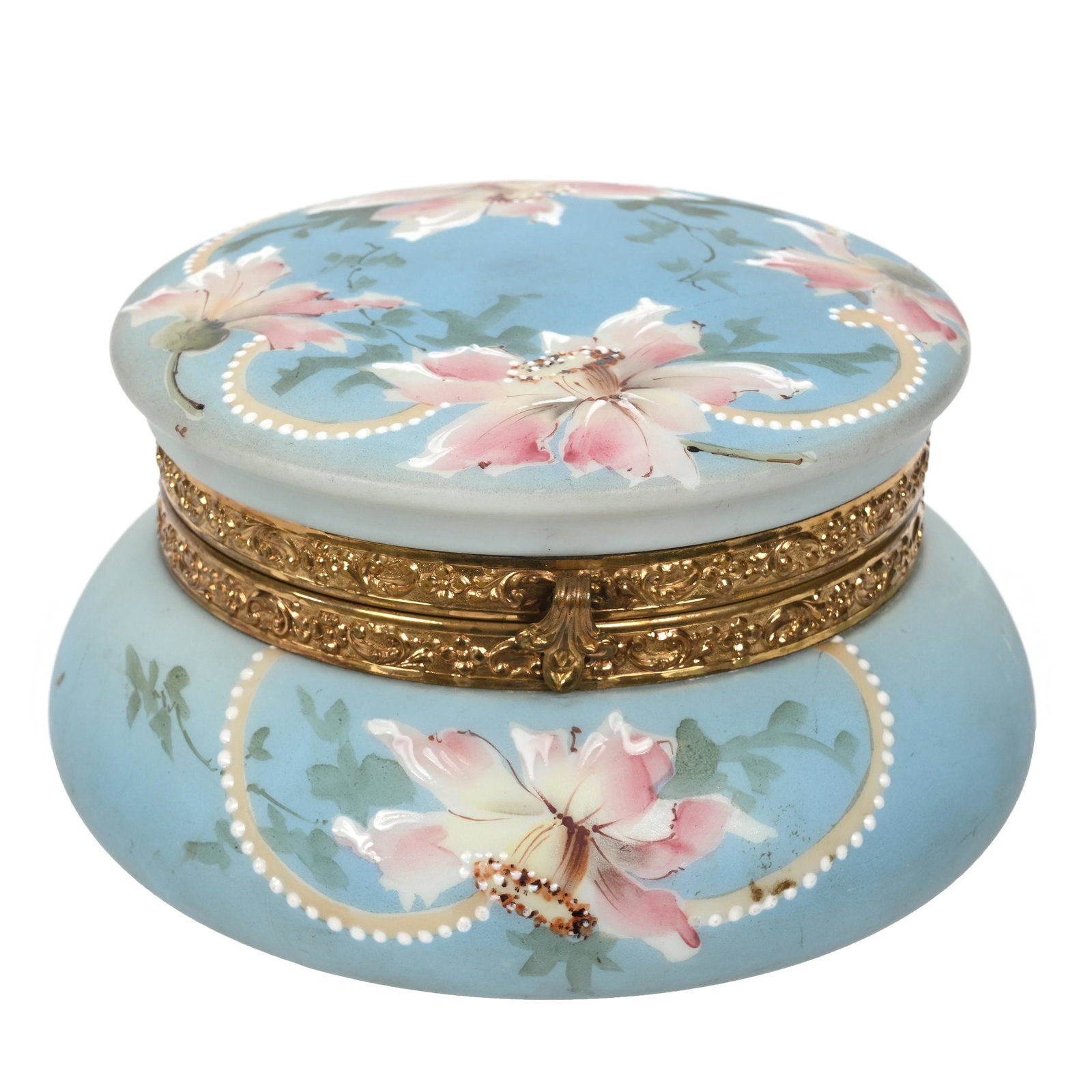 Jewel Box, Unmarked Nakara Art Glass: Jewel Box, Unmarked Nakara Art Glass, 3.5" x 6", Blue Tones, Pink Floral Decor, White Enamel Beaded Highlights, Estate Of Dr. Barry and Dee Free.