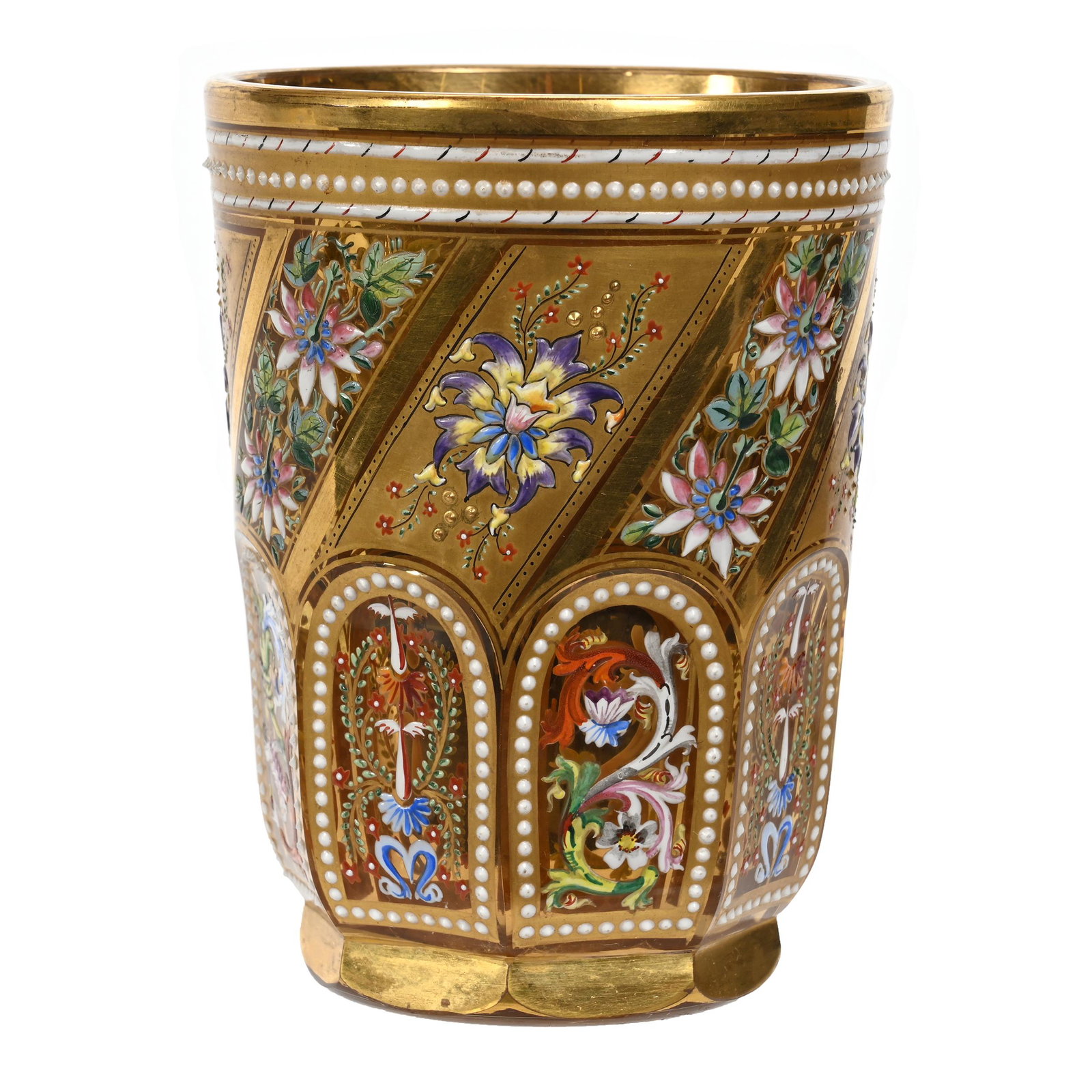 Tumbler, Bohemian Art Glass: Tumbler, Bohemian Art Glass, 4" x 3", Extensive Gold With Colorful Enamel Floral And Scroll Design, White Enamel Beaded Highlights, Estate Of Dr. Barry and Dee Free.