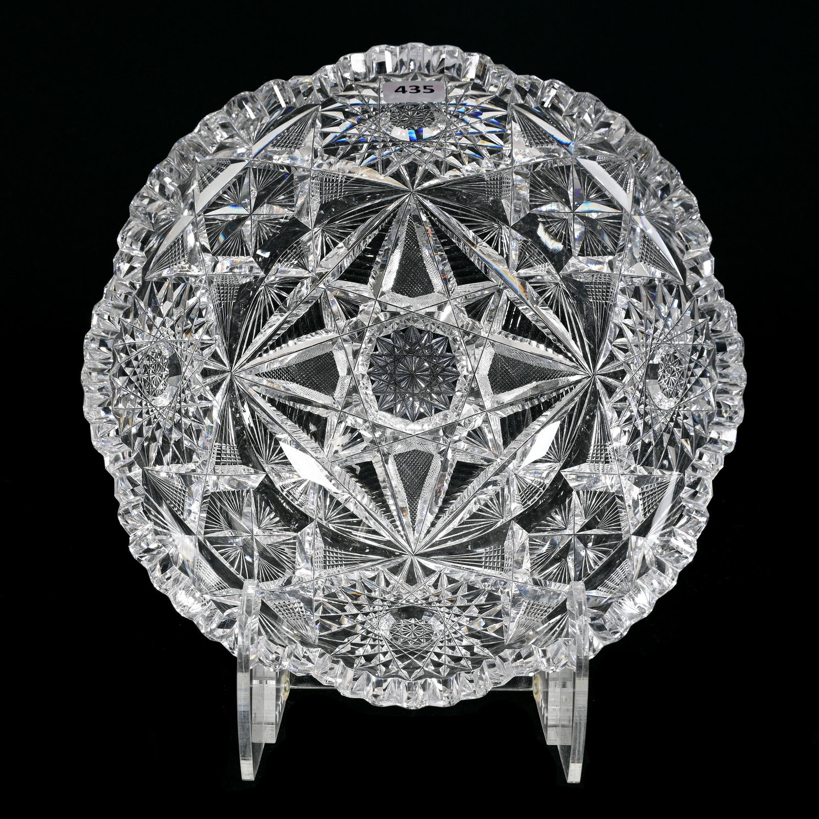 Bowl, American Brilliant Cut Glass, Melrose Pattern By Libbey: Bowl, American Brilliant Cut Glass, Melrose Pattern By Libbey, 3.75" x 9.25", Well Cut, Outside Tooth Chip, Estate Of Dr. Barry and Dee Free.