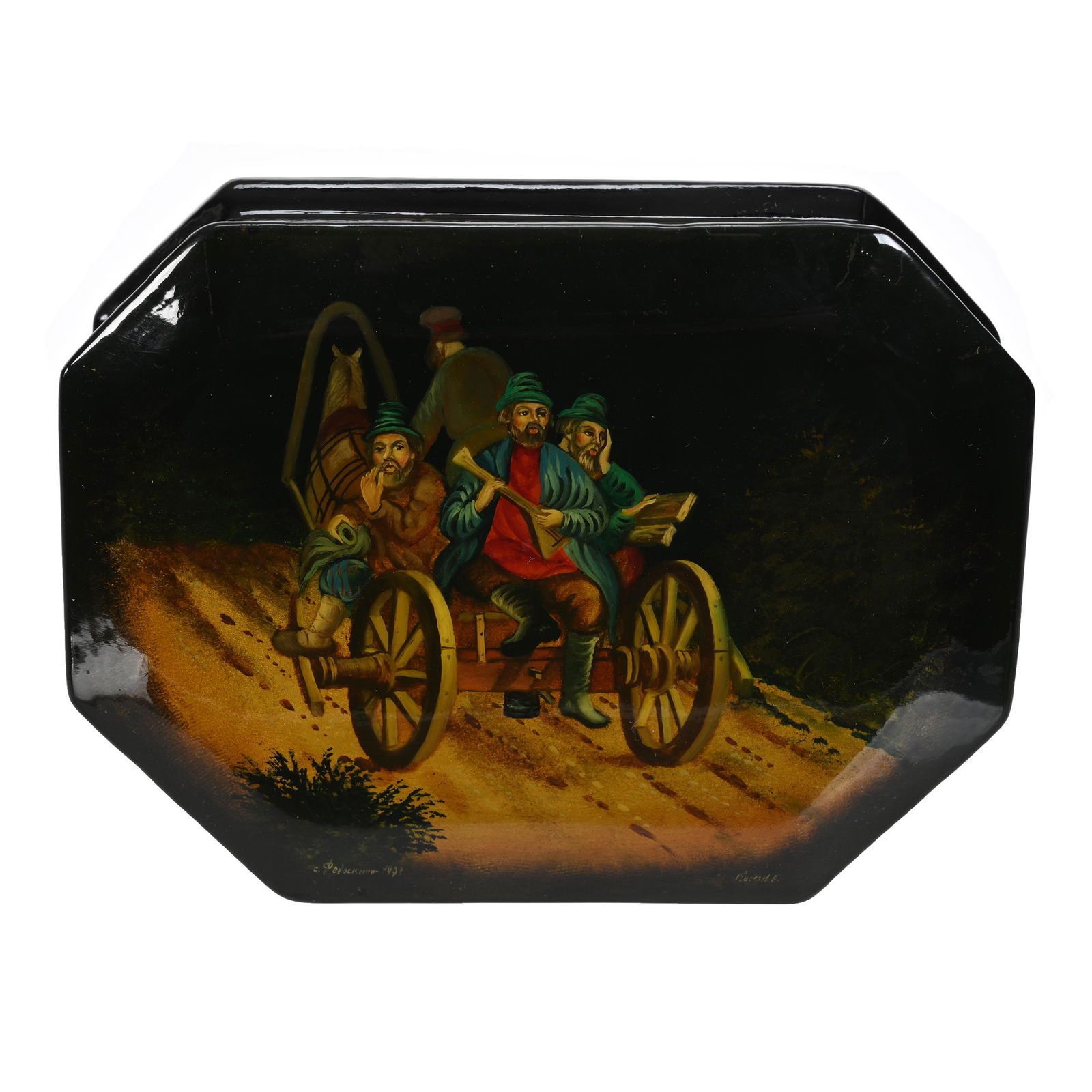 Russian Lacquer Box, Horse, Carriage & Three Men (1 of 3)