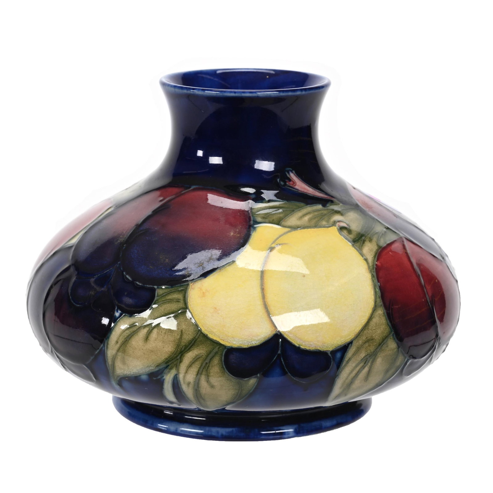 Vase Marked Moorcroft Pottery: Vase Marked Moorcroft Pottery, 4.75" x 6", Cobalt Blue With Fruit Decor, Estate Of Dr. Barry and Dee Free.