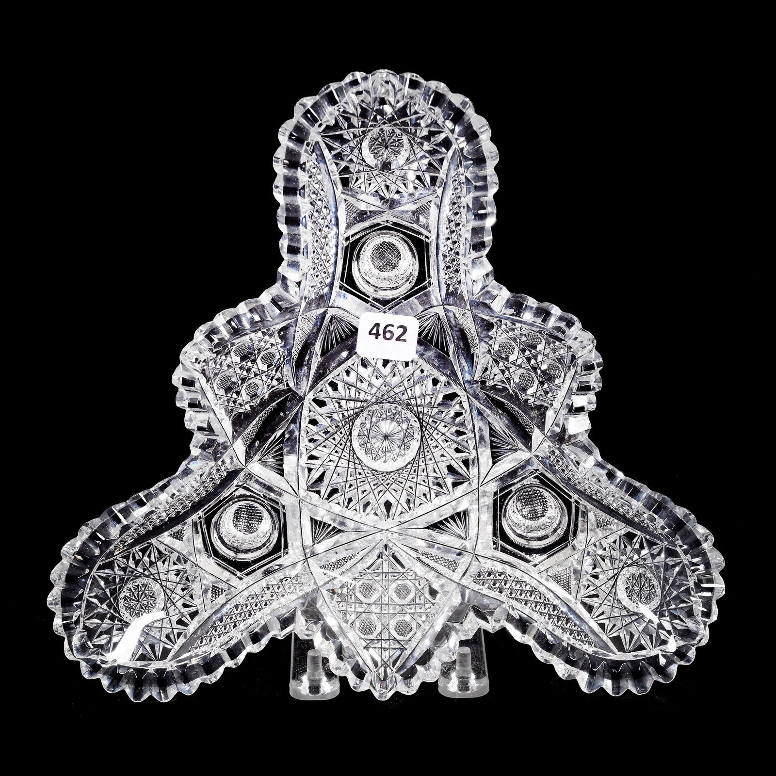 Serving Dish, Three Feet, American Brilliant Cut Glass: Serving Dish, Three Feet, American Brilliant Cut Glass, 2.5" x 10", Hobstar, Nailhead Diamond, Cane And Fan Motif, Estate Of Dr. Barry and Dee Free.