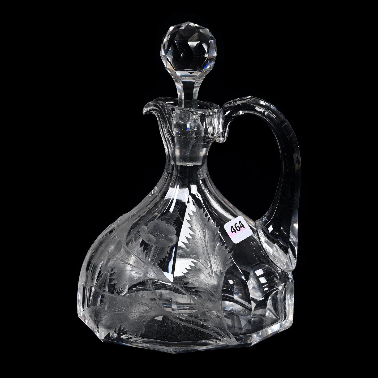 Decanter, BPCG: Decanter, Brilliant Period Cut Glass, 9.75" x 6.75", Flute Cut With Engraved Poppy Decor, Large Polished Pontil Base, Estate Of Dr. Barry and Dee Free.