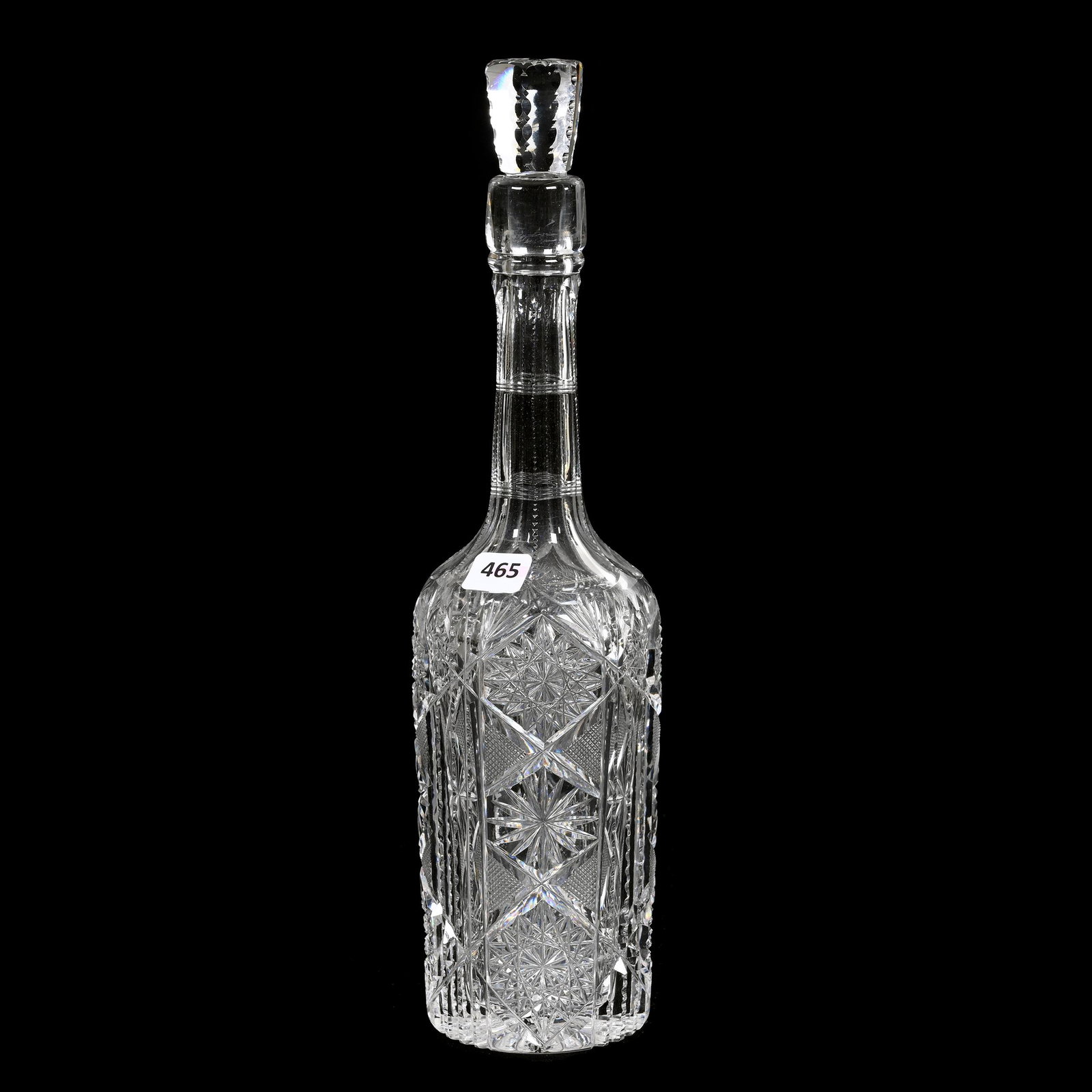 Whiskey Bottle, American Brilliant Cut Glass: Whiskey Bottle, American Brilliant Cut Glass, 13.25" x 3.25", Hobstar, Prism, Strawberry Diamond And Star Motif, Ray Cut Base, Nice Stopper, Small Chip At Bottle Rim, Nick On Stopper Plug, Estate Of D
