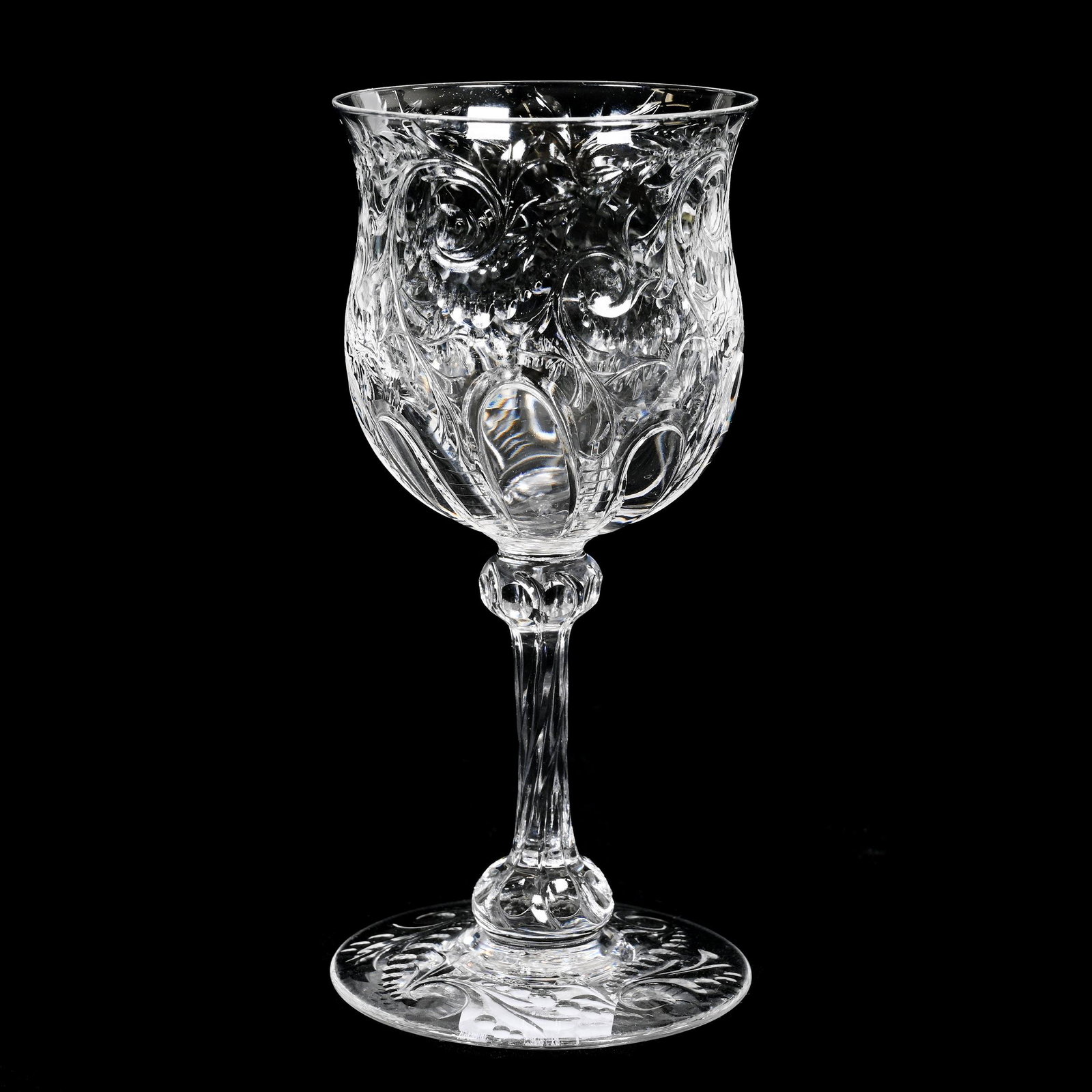Wine Stem, BPCG: Wine Stem, Brilliant Period Cut Glass, 5.25" x 2.5", Rococo And Engraved Floral And Scroll Design, Pattern Engraved Foot, Estate Of Dr. Barry and Dee Free.