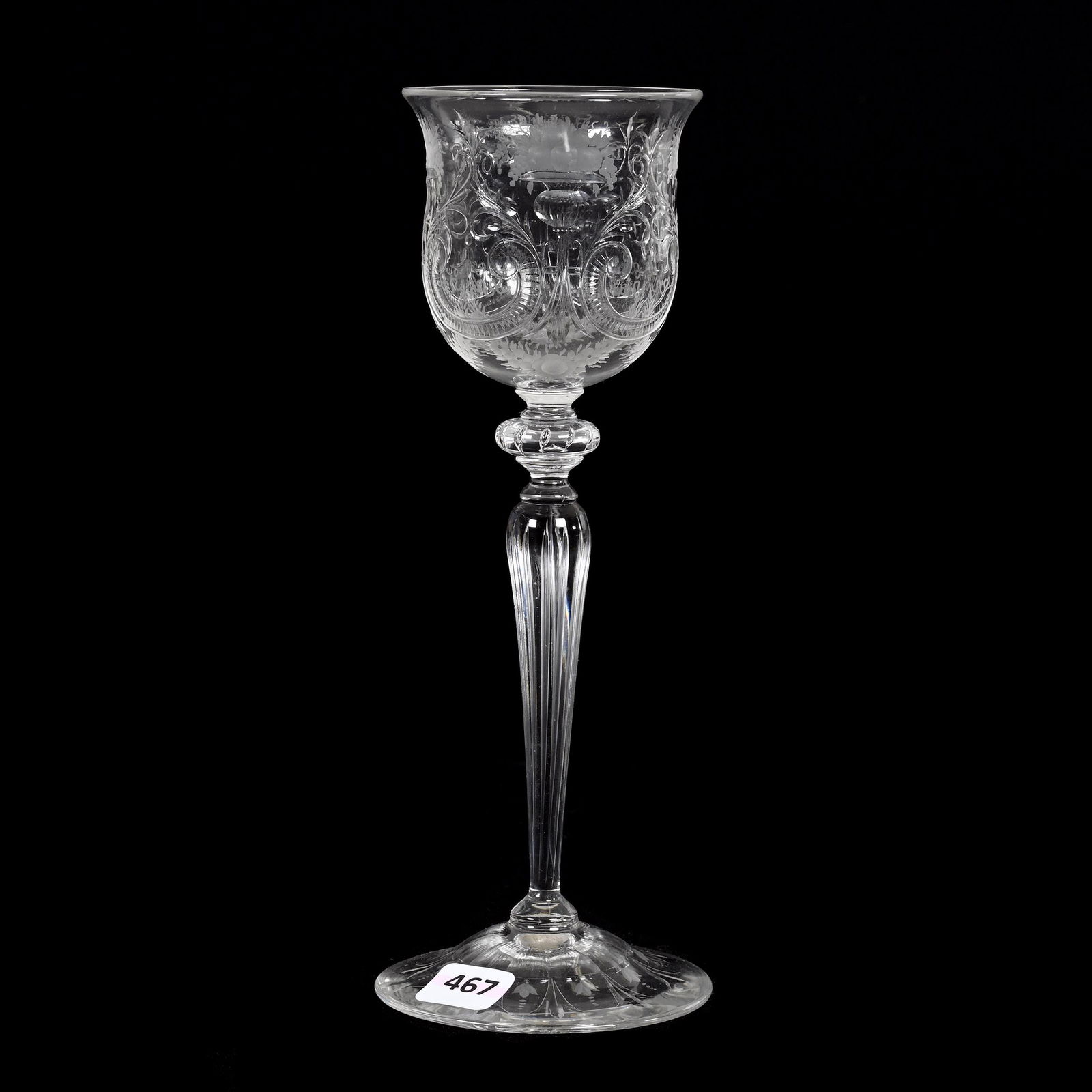 Tall Wine Stem, American Brilliant Cut Glass, Signed Steuben: Tall Wine Stem, American Brilliant Cut Glass, Signed Steuben, 9.25" x 3.25", Engraved Urn, Scroll And Floral Motif, Pattern Engraved Foot, Nice Quality, Estate Of Dr. Barry and Dee Free.