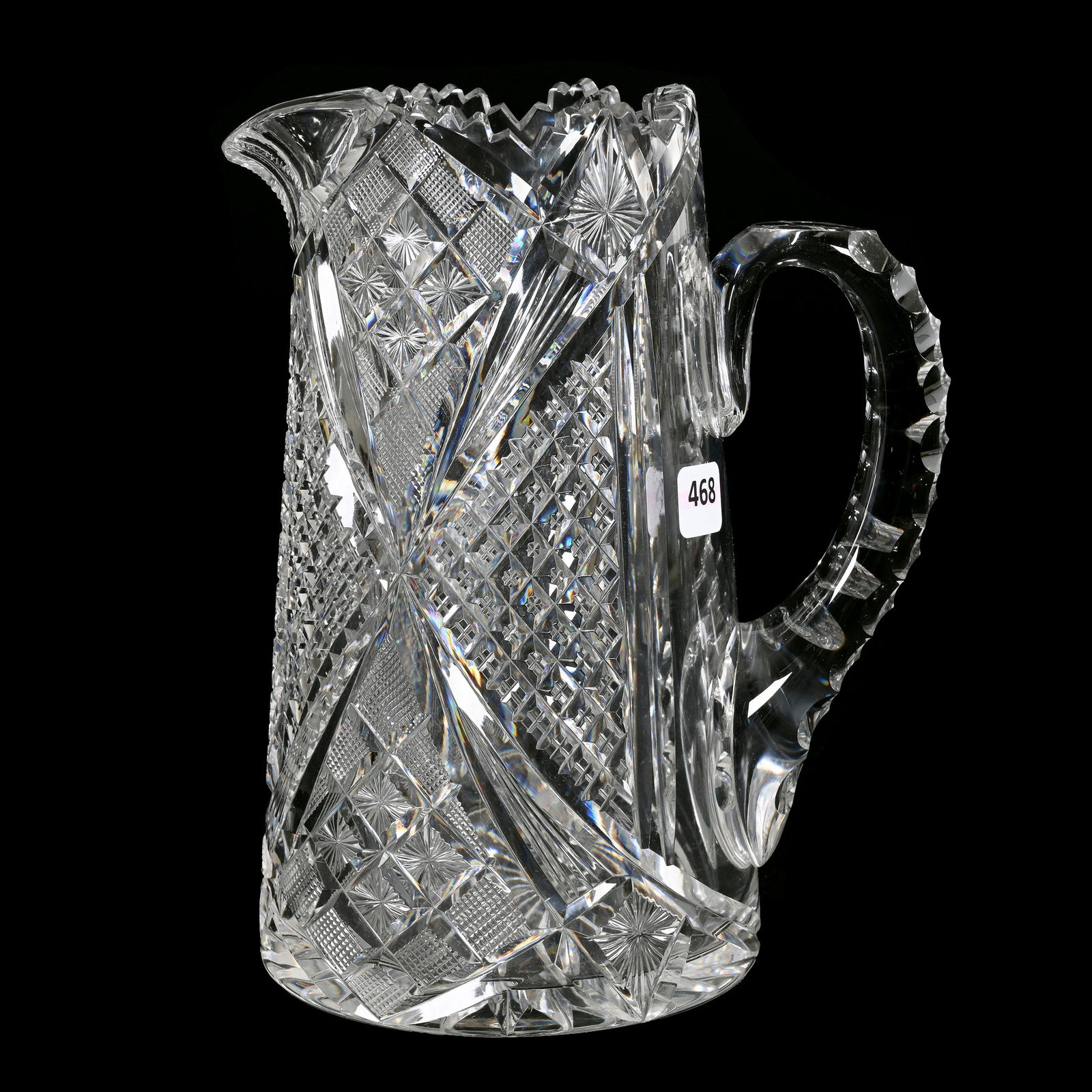Pitcher, American Brilliant Cut Glass: Pitcher, American Brilliant Cut Glass, 9" x 7.25", Crosscut Diamond, Strawberry Diamond, Star And Fan Motif, Triple Notched Handle, Ray Cut Base, Estate Of Dr. Barry and Dee Free.