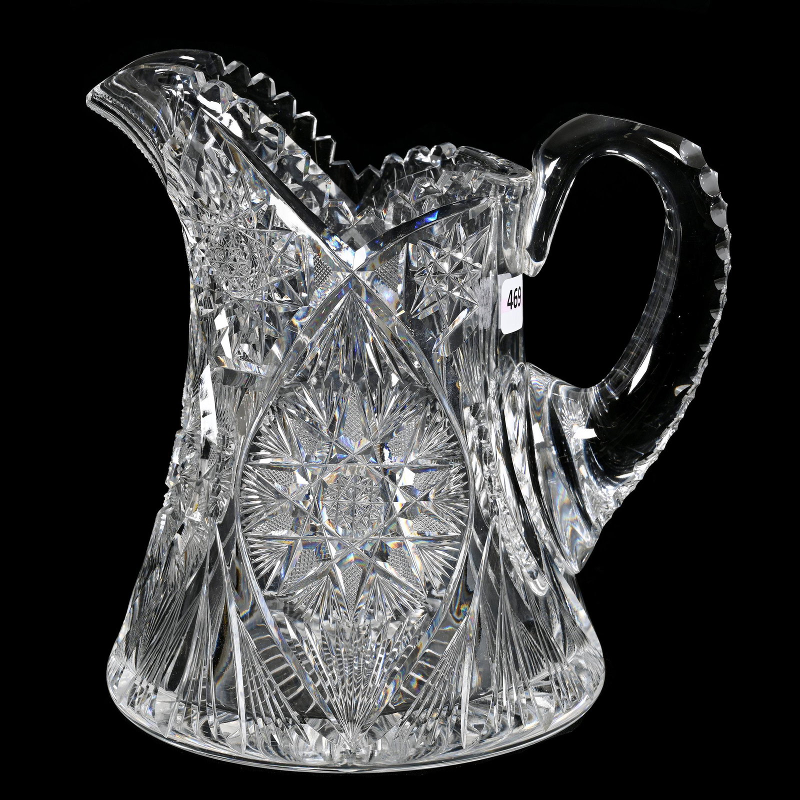 Pitcher, American Brilliant Cut Glass: Pitcher, American Brilliant Cut Glass, 8.5" x 8.25", Vesica Shaped Flashed Hobstar With Hobstar, Prism And Fan Highlights, Triple Notched Handle, Ray Cut Base, Estate Of Dr. Barry and Dee Free.