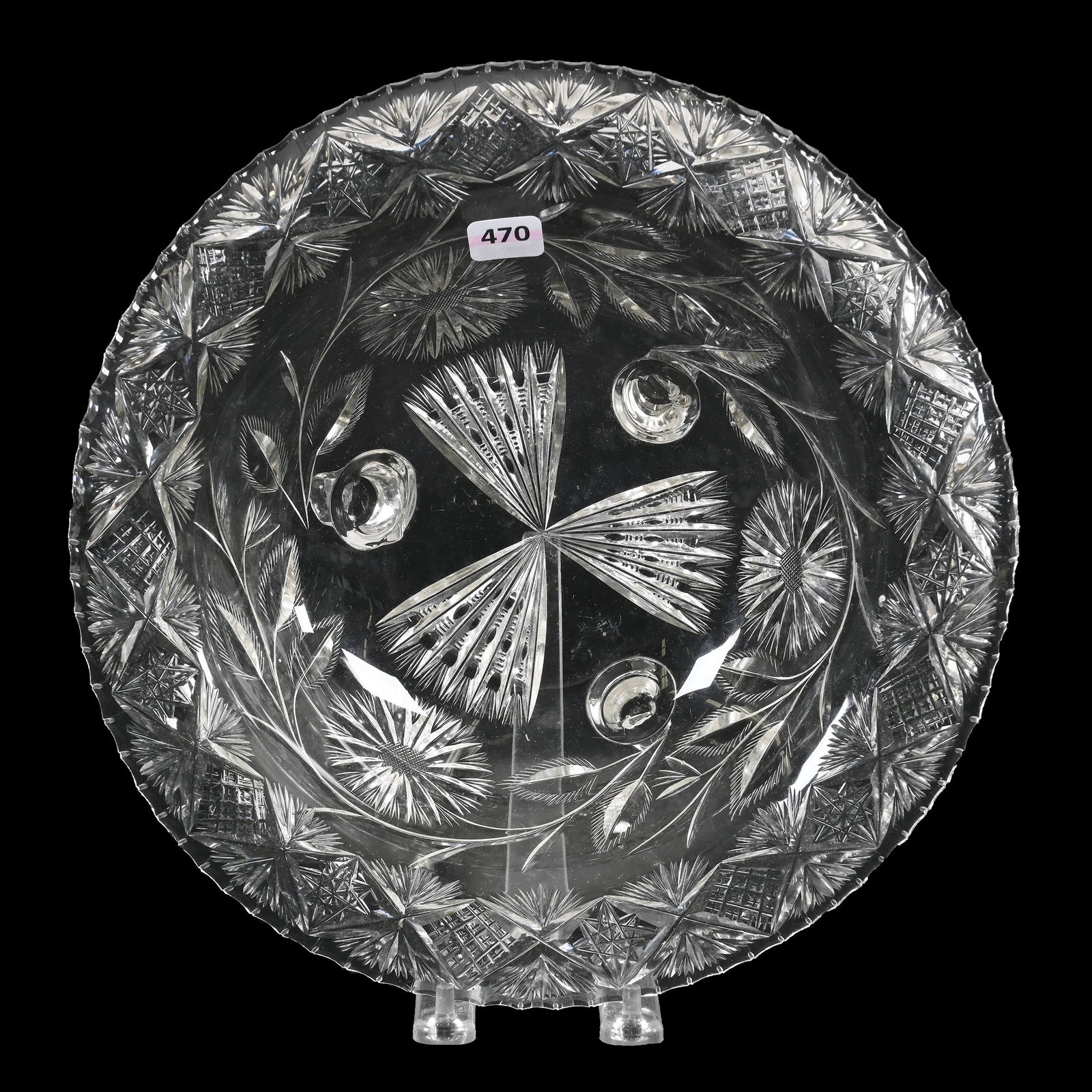 Bowl, Rolled Rim, American Brilliant Cut Glass: Bowl, Rolled Rim, American Brilliant Cut Glass, 3.5" x 11.5", Three Feet, Engraved Floral With Prism, Hobstar, Crosscut Diamond And Fan, Three Rim Chips, Estate Of Dr. Barry and Dee Free.