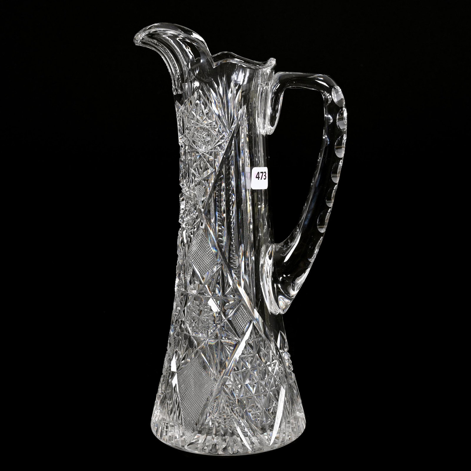 Tankard, American Brilliant Cut Glass: Tankard, American Brilliant Cut Glass, 13.25" x 6.75", Hobstar, Strawberry Diamond, Prism, Star And Fan Motif, Double Notched Handle, Ray Cut Base, Estate Of Dr. Barry and Dee Free.