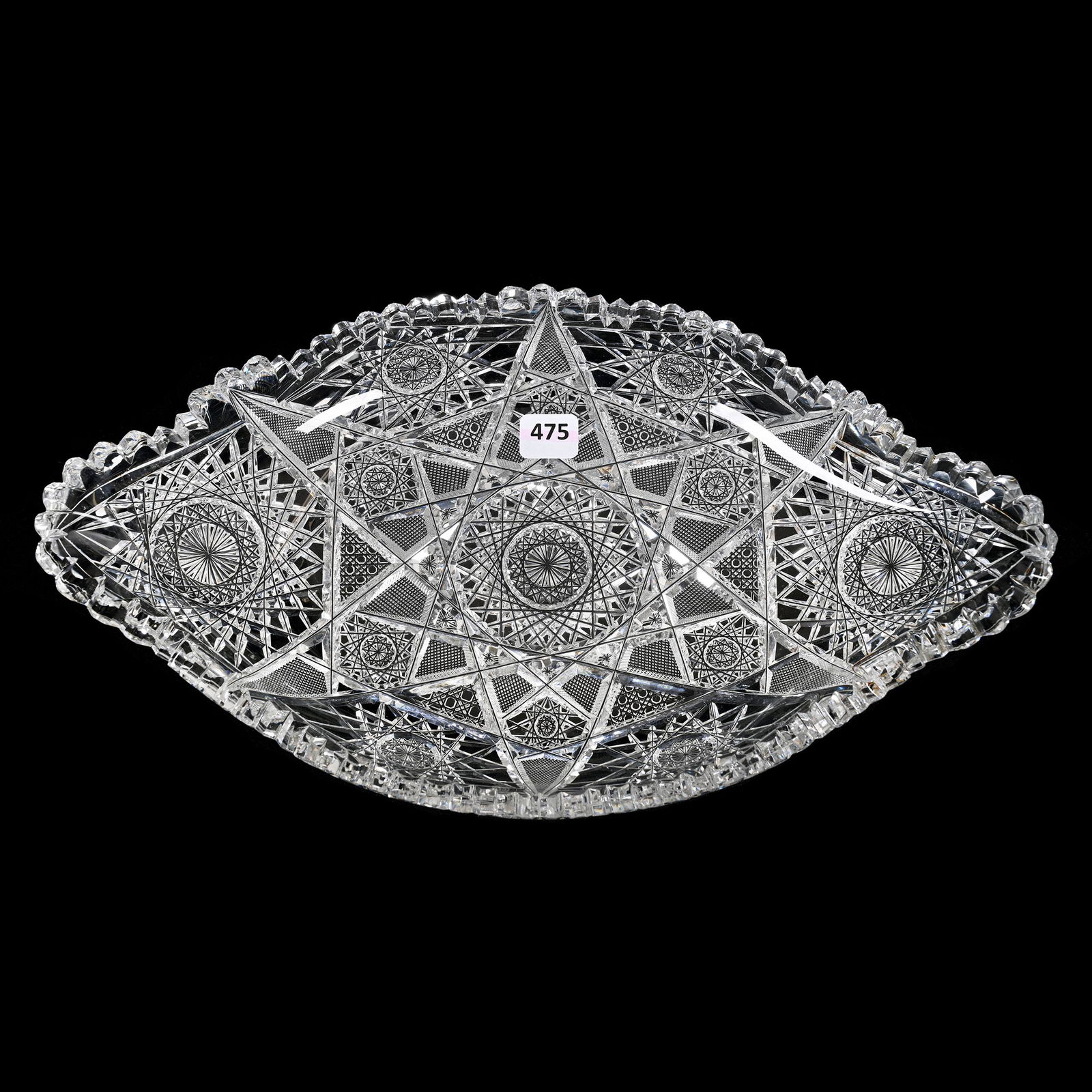 Ice Cream Tray, American Brilliant Cut Glass: Ice Cream Tray, American Brilliant Cut Glass, 14" x 7.75", Hobstar, Strawberry Diamond And Cane Motif, Heavy Blank, Estate Of Dr. Barry and Dee Free.