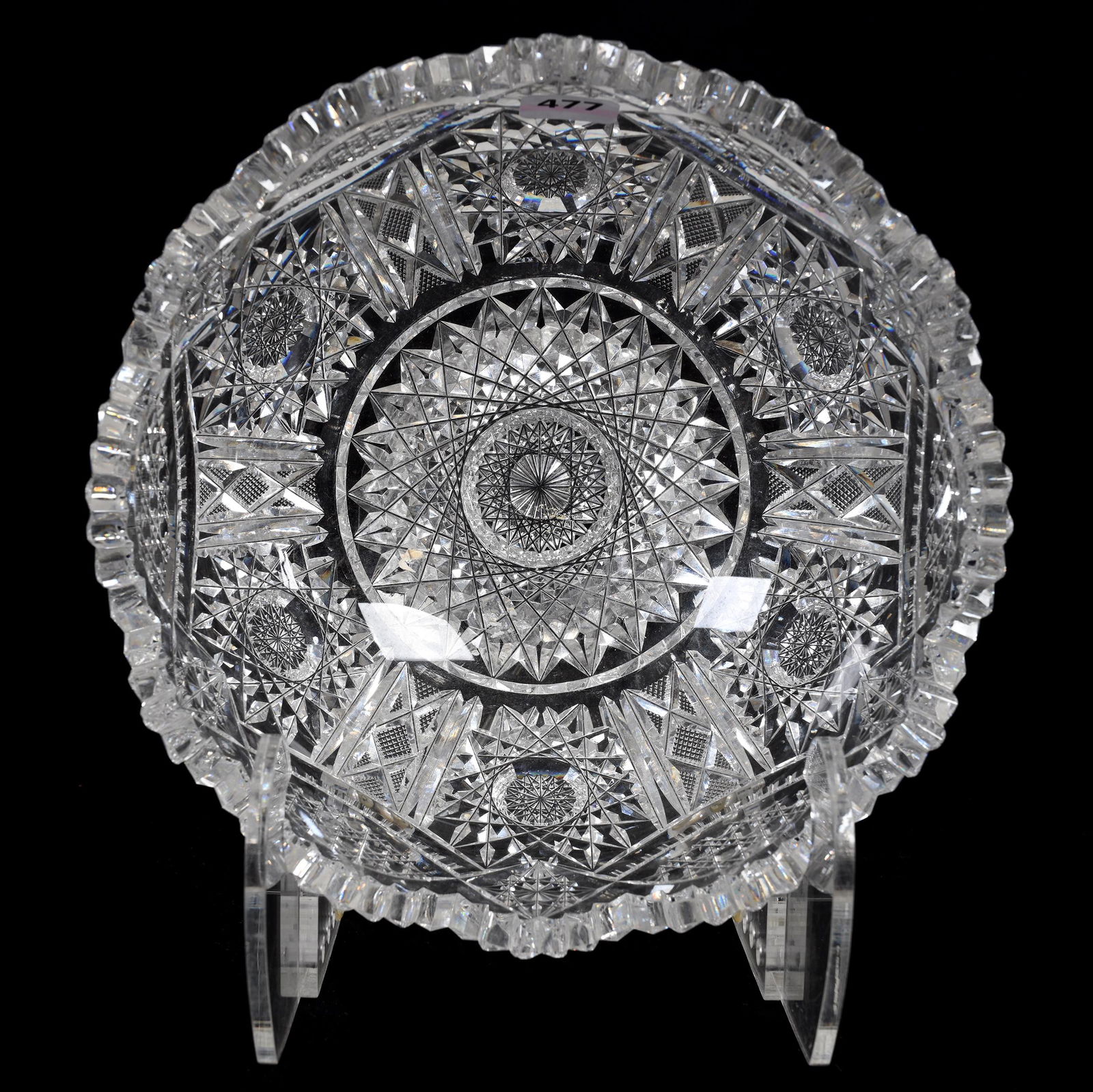 Bowl, American Brilliant Cut Glass: Bowl, American Brilliant Cut Glass, 3.75" x 8", Hobstar, Cane, Crosscut Diamond, Vesica And Prism Motif, Estate Of Dr. Barry and Dee Free.