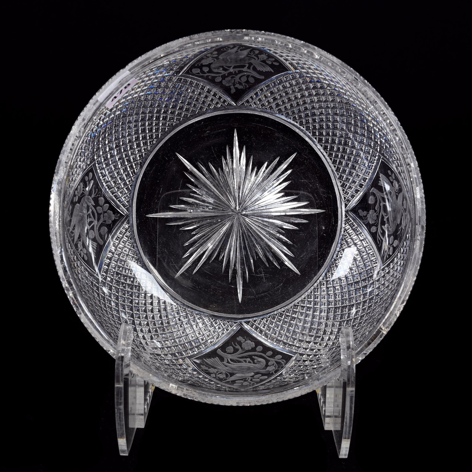 Bowl, American Brilliant Cut Glass, Signed Hawkes (Faint): Bowl, American Brilliant Cut Glass, Signed Hawkes (Faint), 3.25" x 8", Cardinal Pattern, Small Outside Rim Nick, Estate Of Dr. Barry and Dee Free.