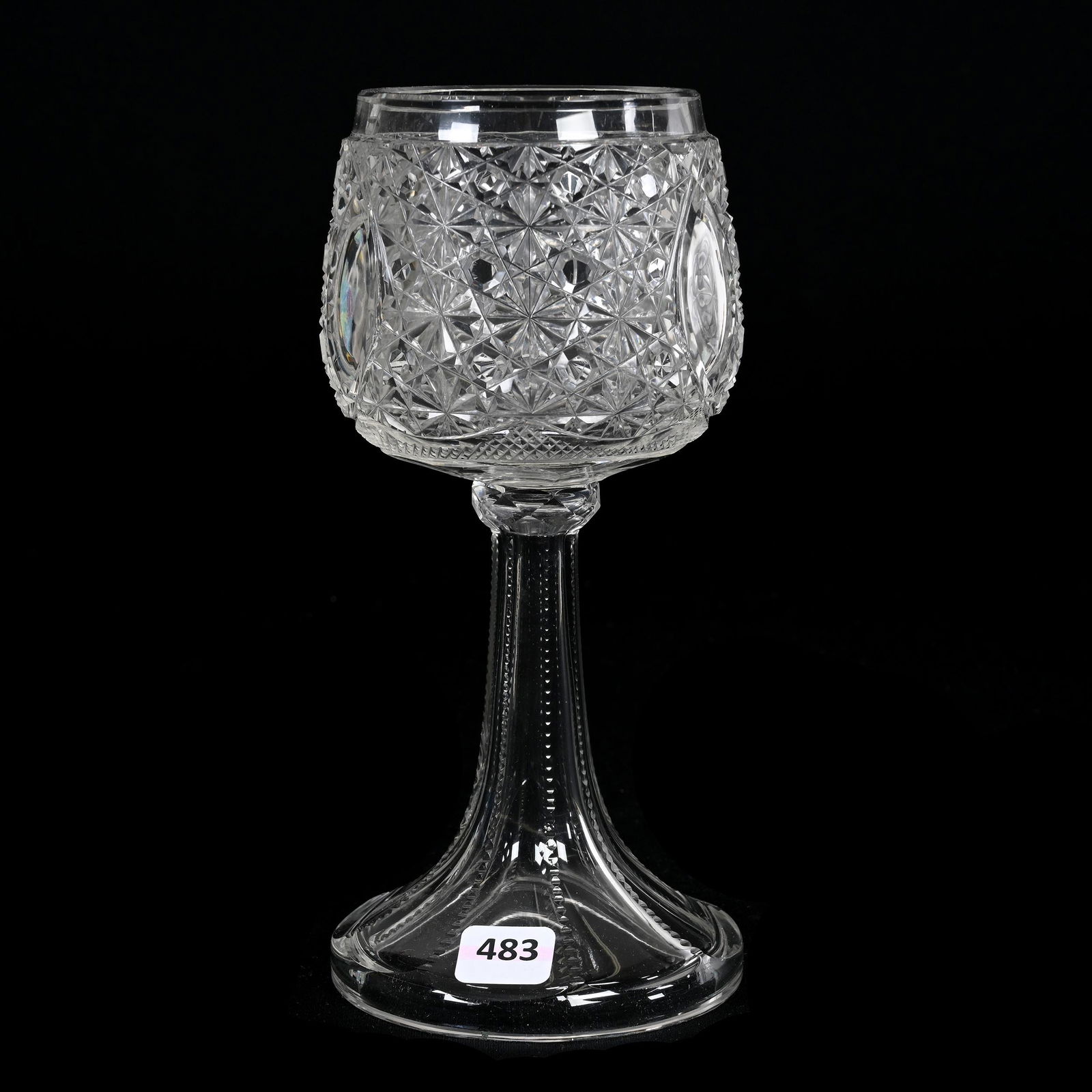 Toasting Chalice, American Brilliant Cut Glass: Toasting Chalice, American Brilliant Cut Glass, 8.5" x 4", Russian Pattern With Three Clear Tusks, Petticoat Foot/Stem, Estate Of Dr. Barry and Dee Free.