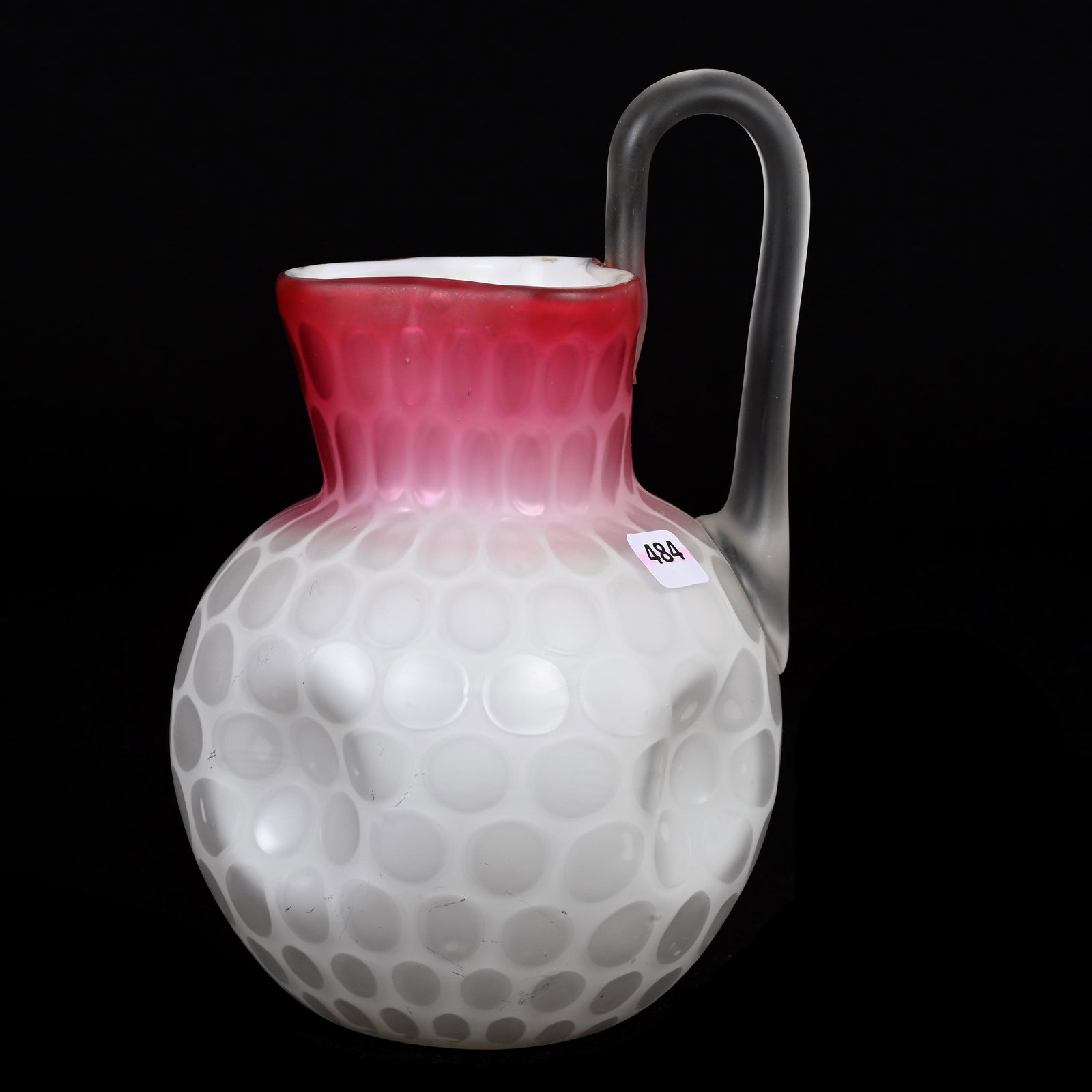 Water Pitcher, Pink & White MOP Satin Art Glass: Water Pitcher, Pink & White MOP Satin Art Glass, 9.5" x 6", Coinspot, Frosted Applied Handle, Tri-Corner Spout, Estate Of Dr. Barry and Dee Free.