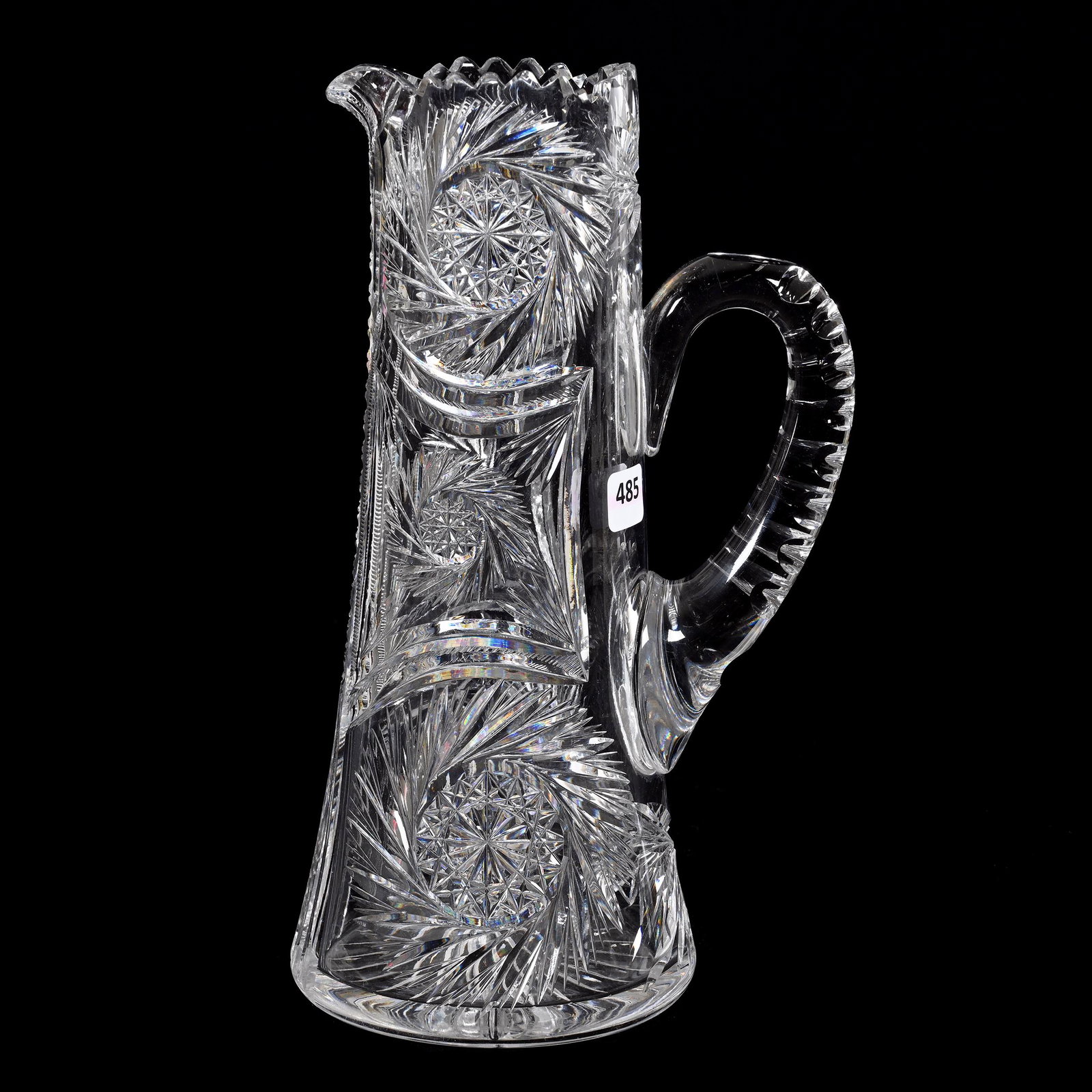Tankard, American Brilliant Cut Glass: Tankard, American Brilliant Cut Glass, 11.25" x 6.25", Pinwheel With Prism, Fan And Miter Motif, Ray Cut Base, Interior Tooth Chip, Estate Of Dr. Barry and Dee Free.