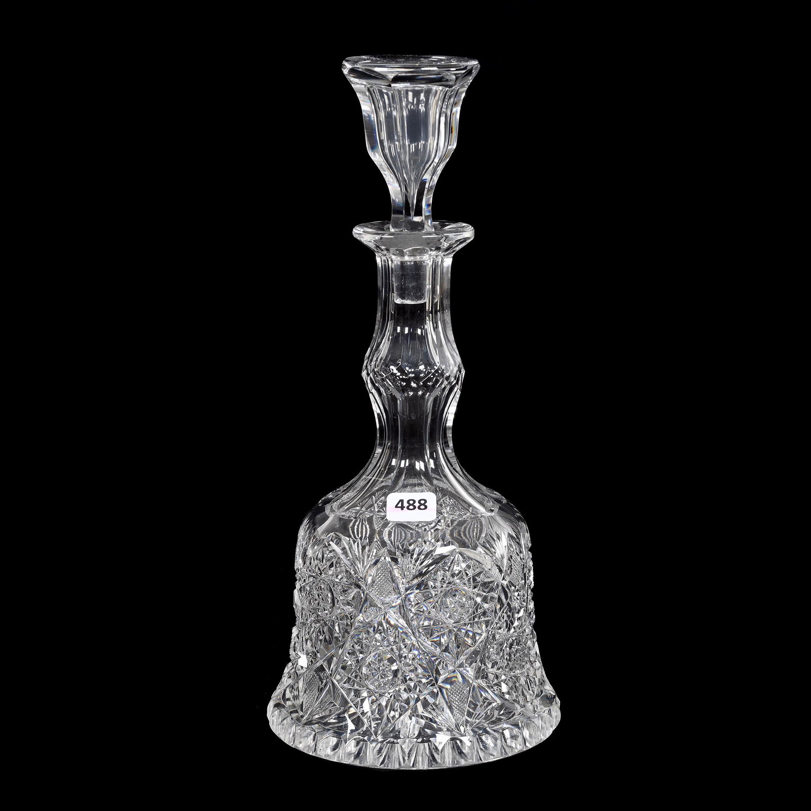 Decanter, American Brilliant Cut Glass: Decanter, American Brilliant Cut Glass, 12" x 5.25", Bell Shape, Hobstar, Strawberry Diamond And Fan Motif, Notched Ray Cut Base, Bell Shaped Stopper, Estate Of Dr. Barry and Dee Free.