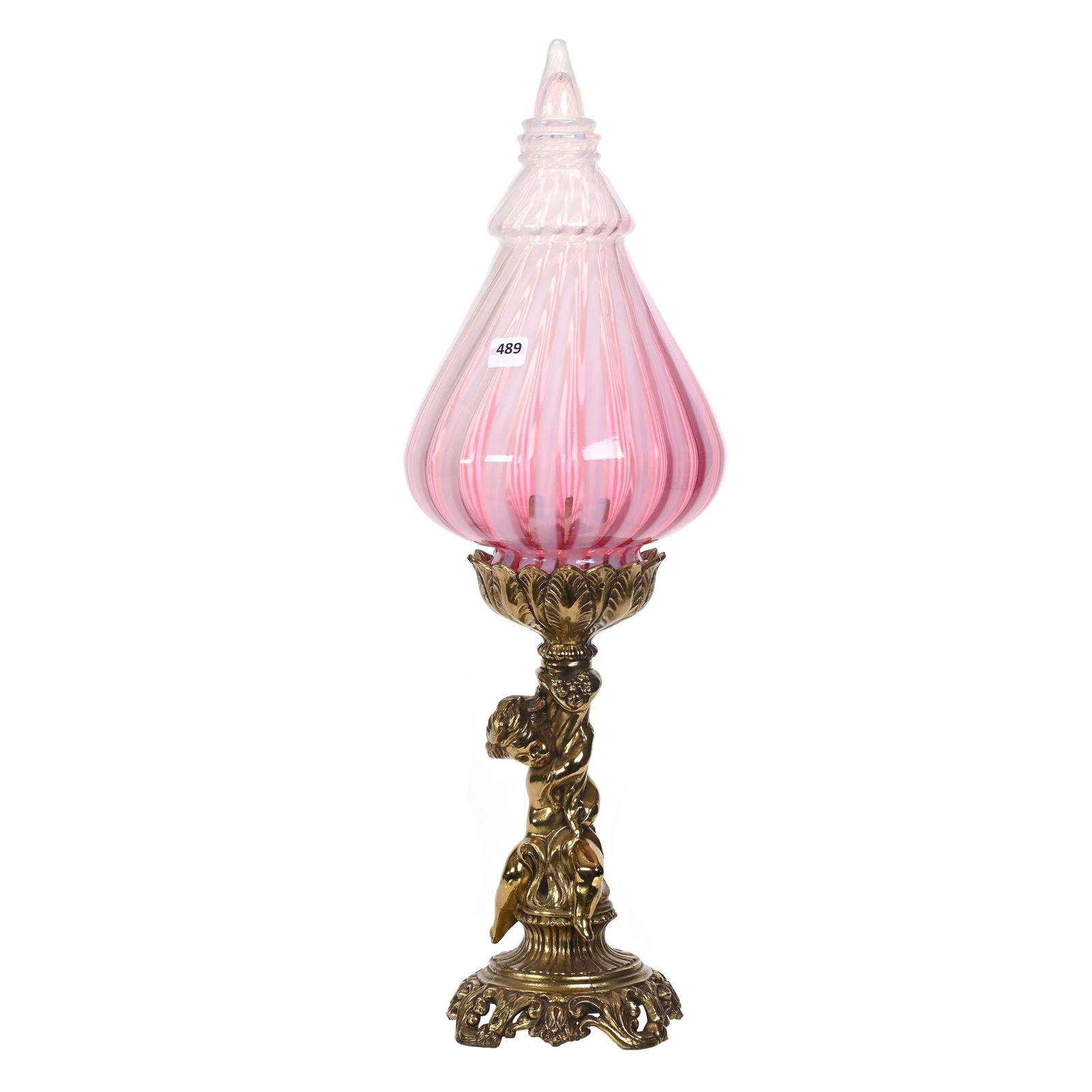 Lamp, Cranberry Opalescent Stripe Art Glass Shade (1 of 3)