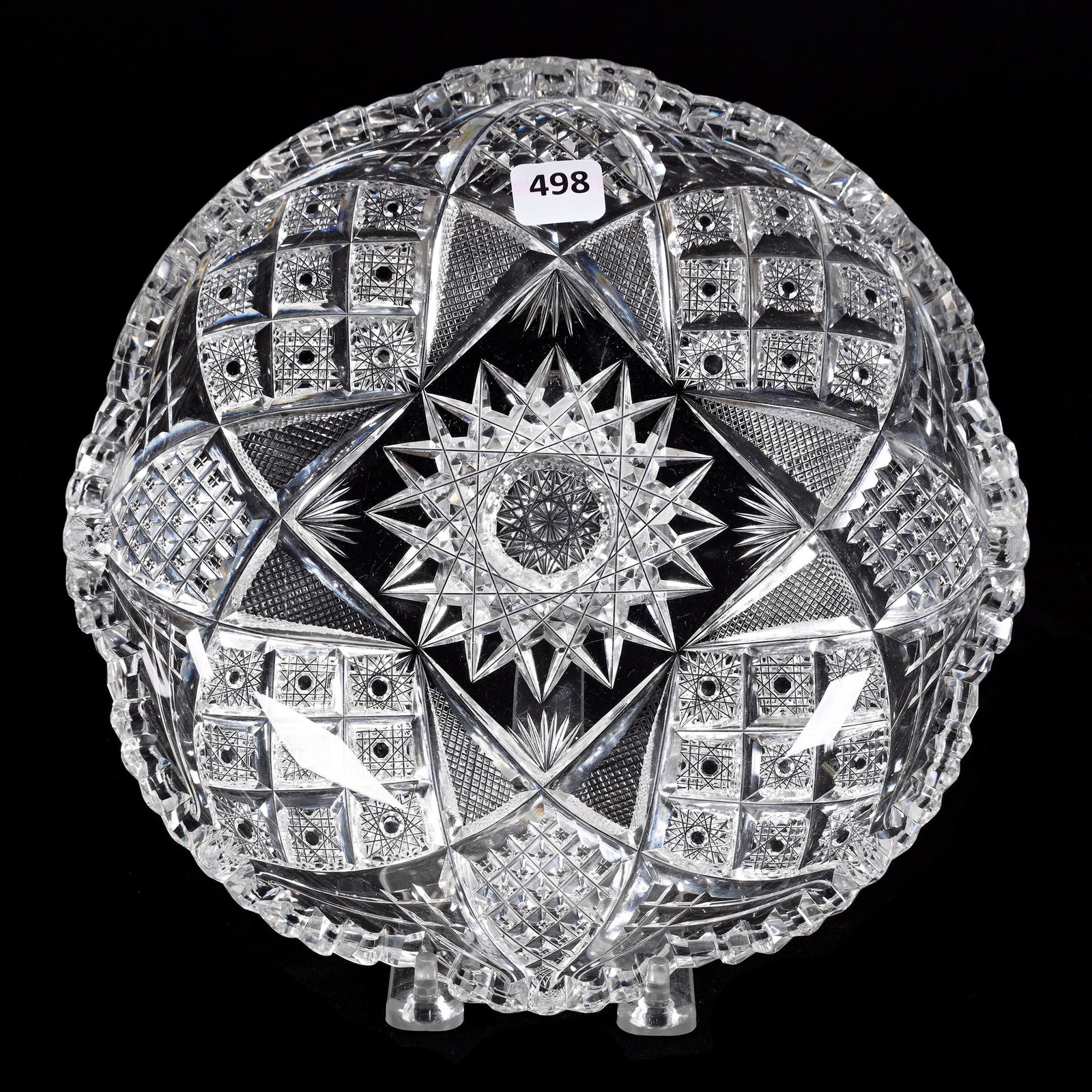 Bowl, American Brilliant Cut Glass: Bowl, American Brilliant Cut Glass, 2" x 9", Hobstar Center With Crosscut Diamond, Strawberry Diamond, Hobstar Cluster And Fan Motif, Estate Of Dr. Barry and Dee Free.