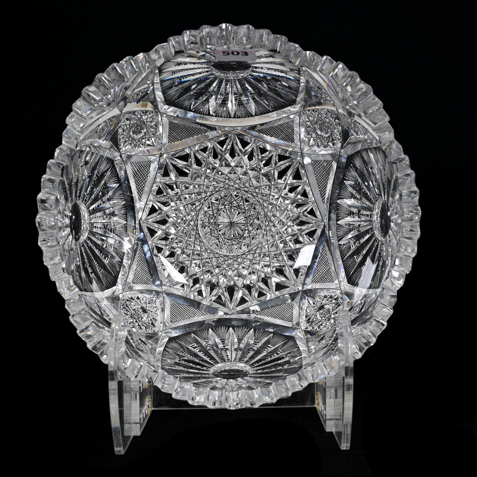 Bowl, American Brilliant Cut Glass: Bowl, American Brilliant Cut Glass, 4" x 8", Hobstar, Vesica, Strawberry Diamond, Sunburst And Fan Motif, Estate Of Dr. Barry and Dee Free.